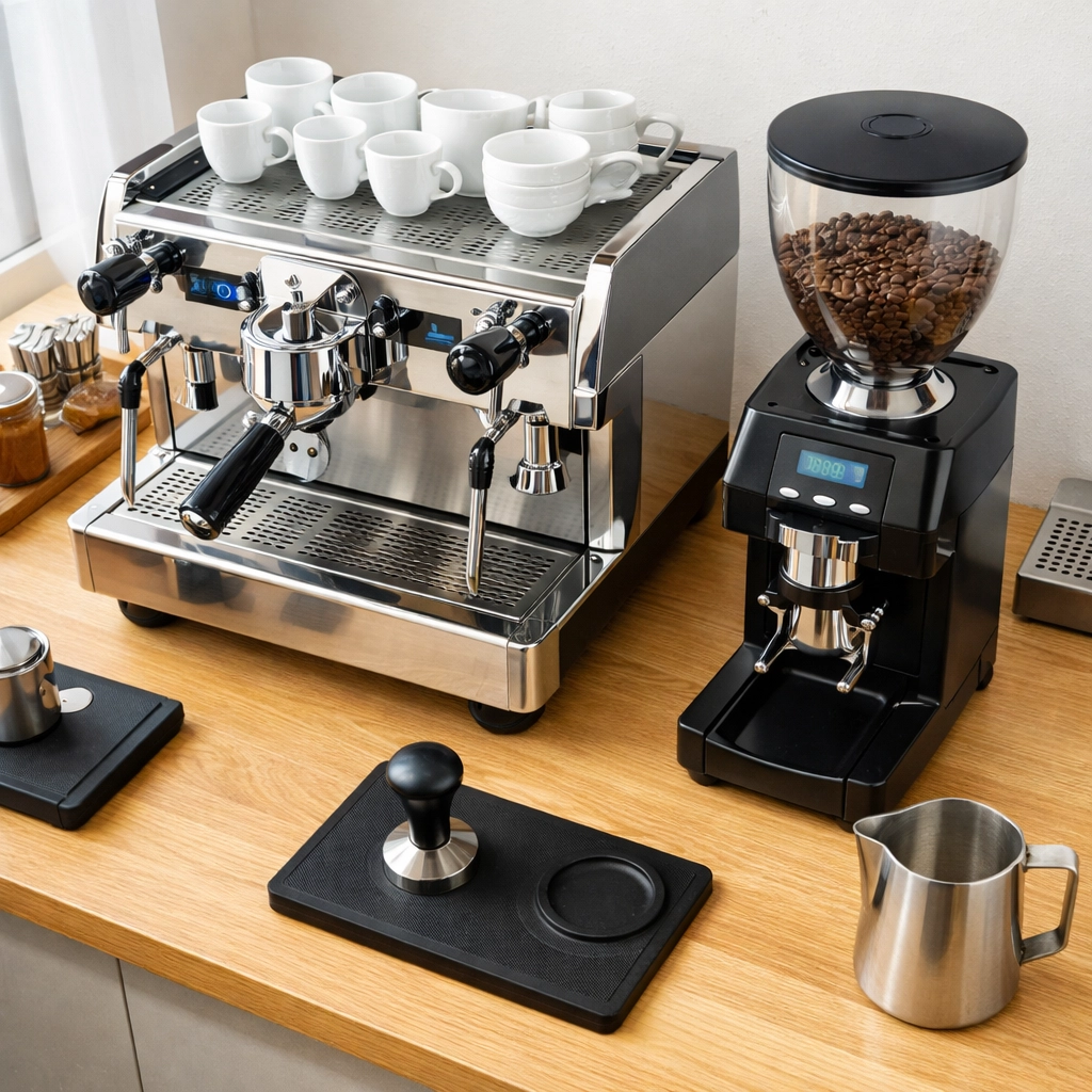 Efficient coffee shop layout showing a professional espresso machine and grinder placed side-by-side for barista workflow.