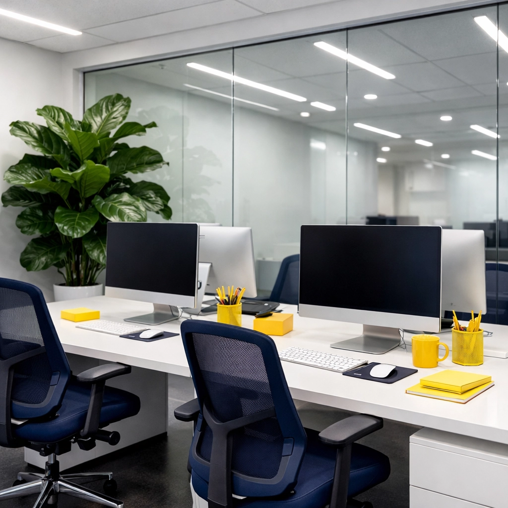 Sanitized modern office in Lunenburg with clean desks, promoting a healthy professional workspace.