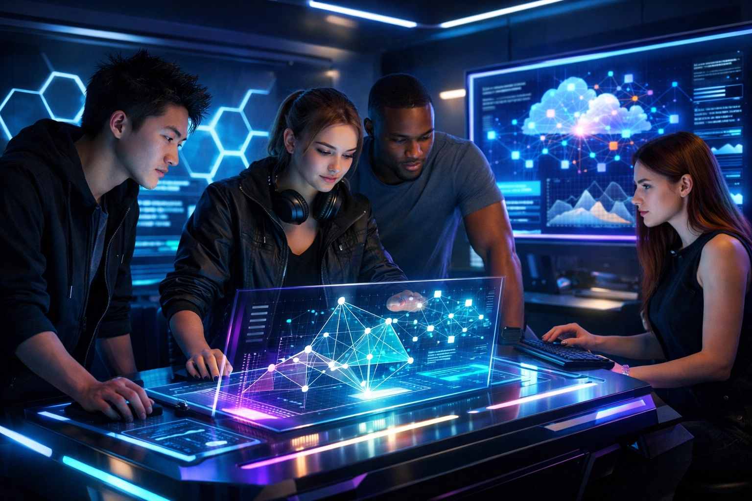 Gen Z students using a futuristic AI-powered EsportsPod for technical career development and digital literacy.