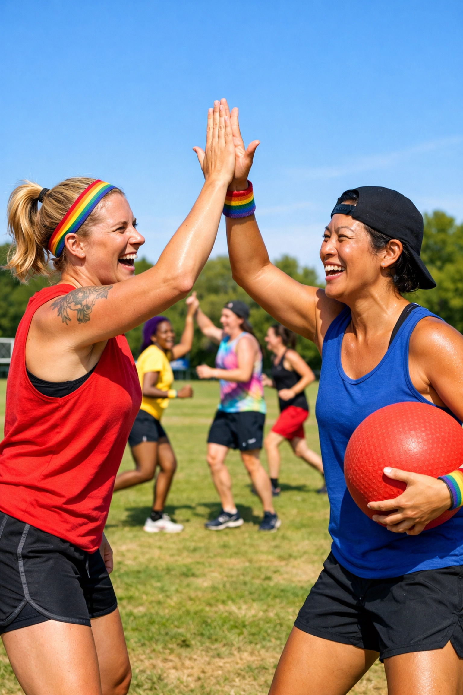 A diverse LGBTQ+ sports group high-fiving during a kickball game in a sunny park.