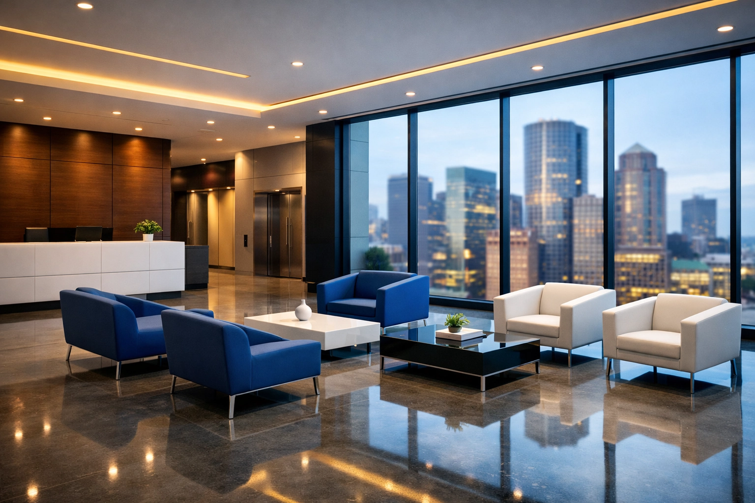 A perfectly sanitized Boston office lobby illustrating professional commercial cleaning services near me.