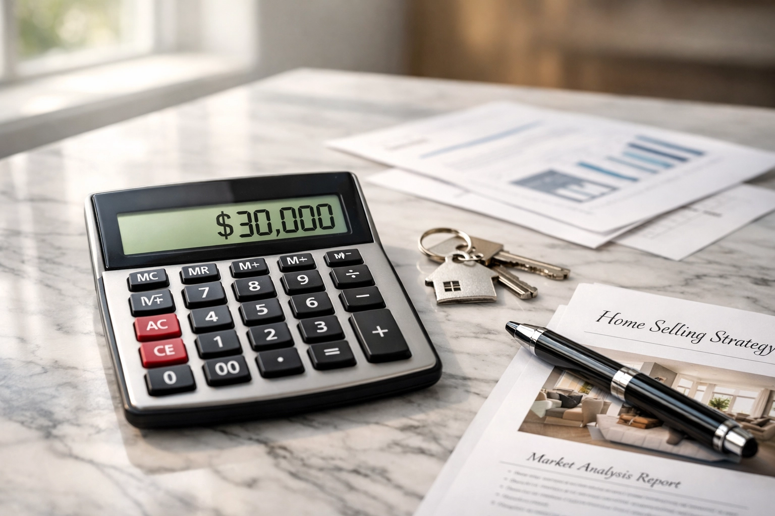 Calculator showing $30,000 real estate commission savings with house keys and home sale documents