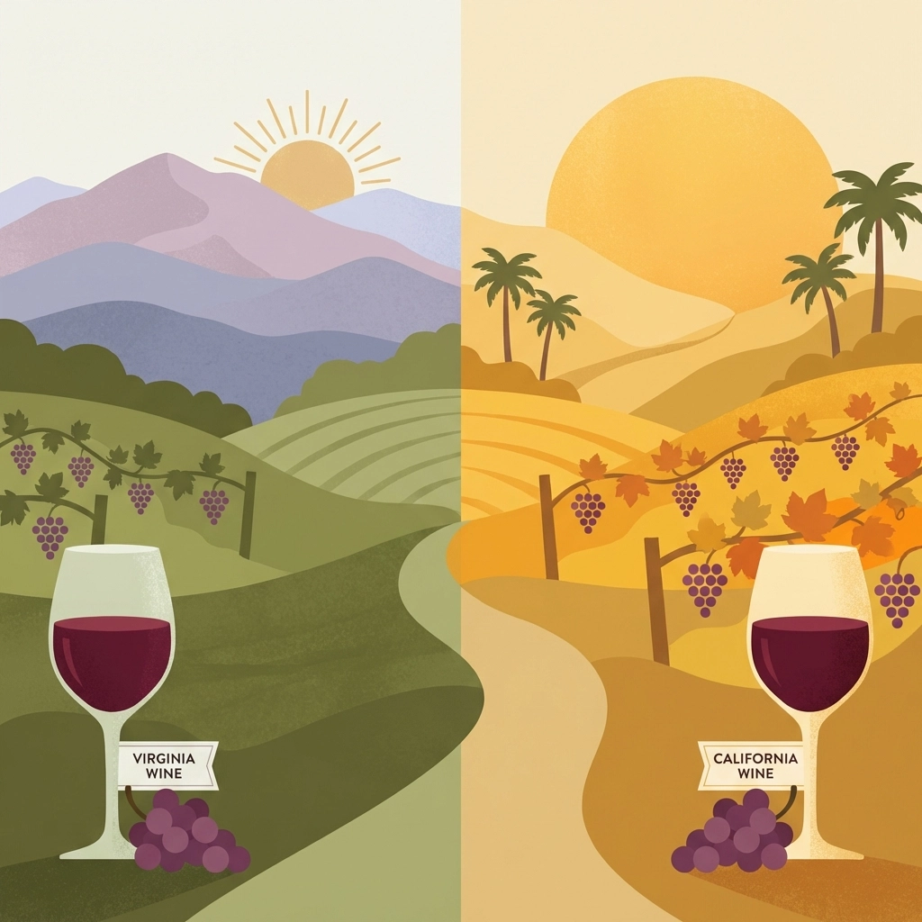 Split-screen illustration of Virginia versus California wine country landscapes comparing regions