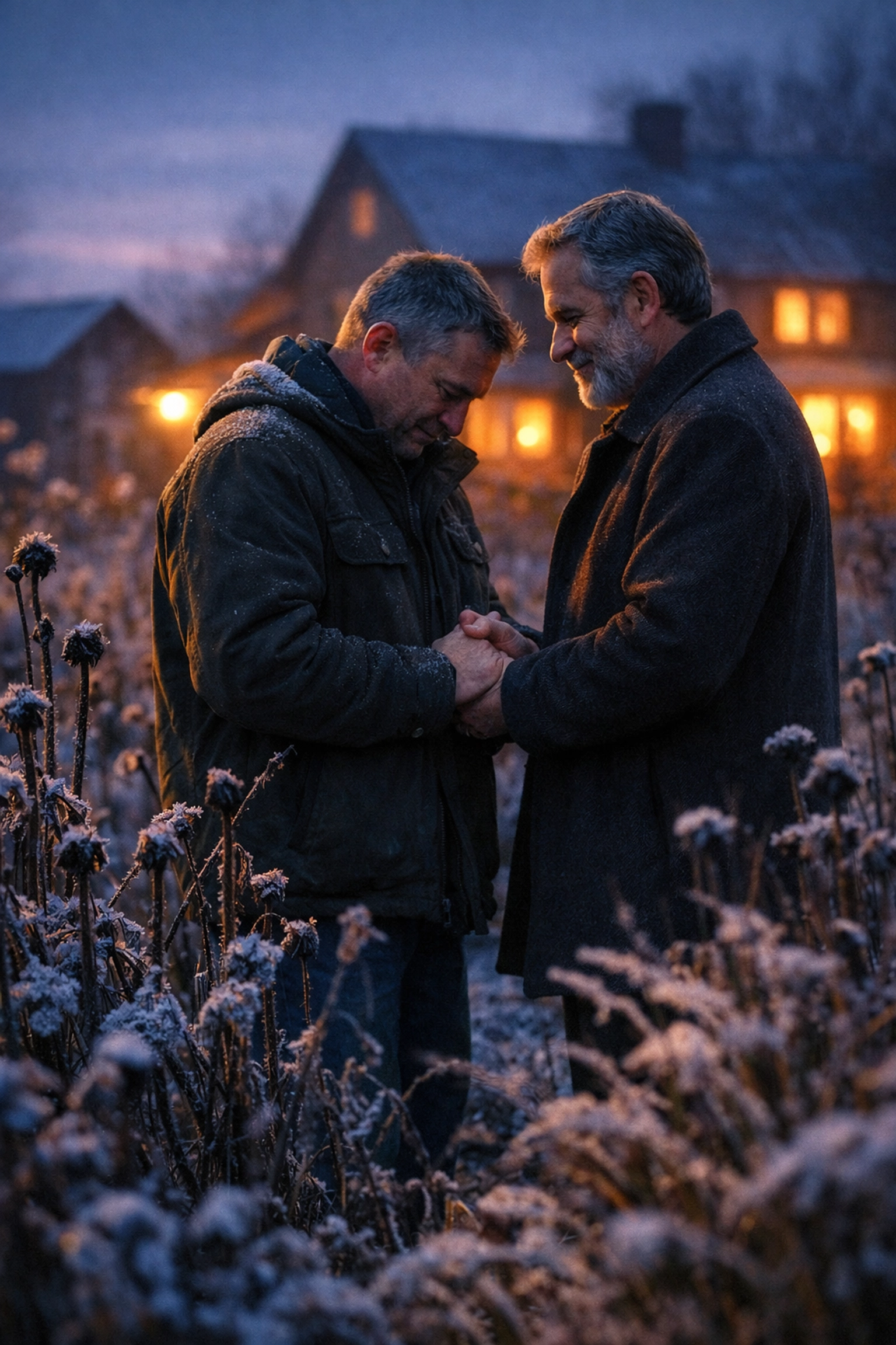 Two men holding hands in frost-covered garden, supporting each other through coming out journey