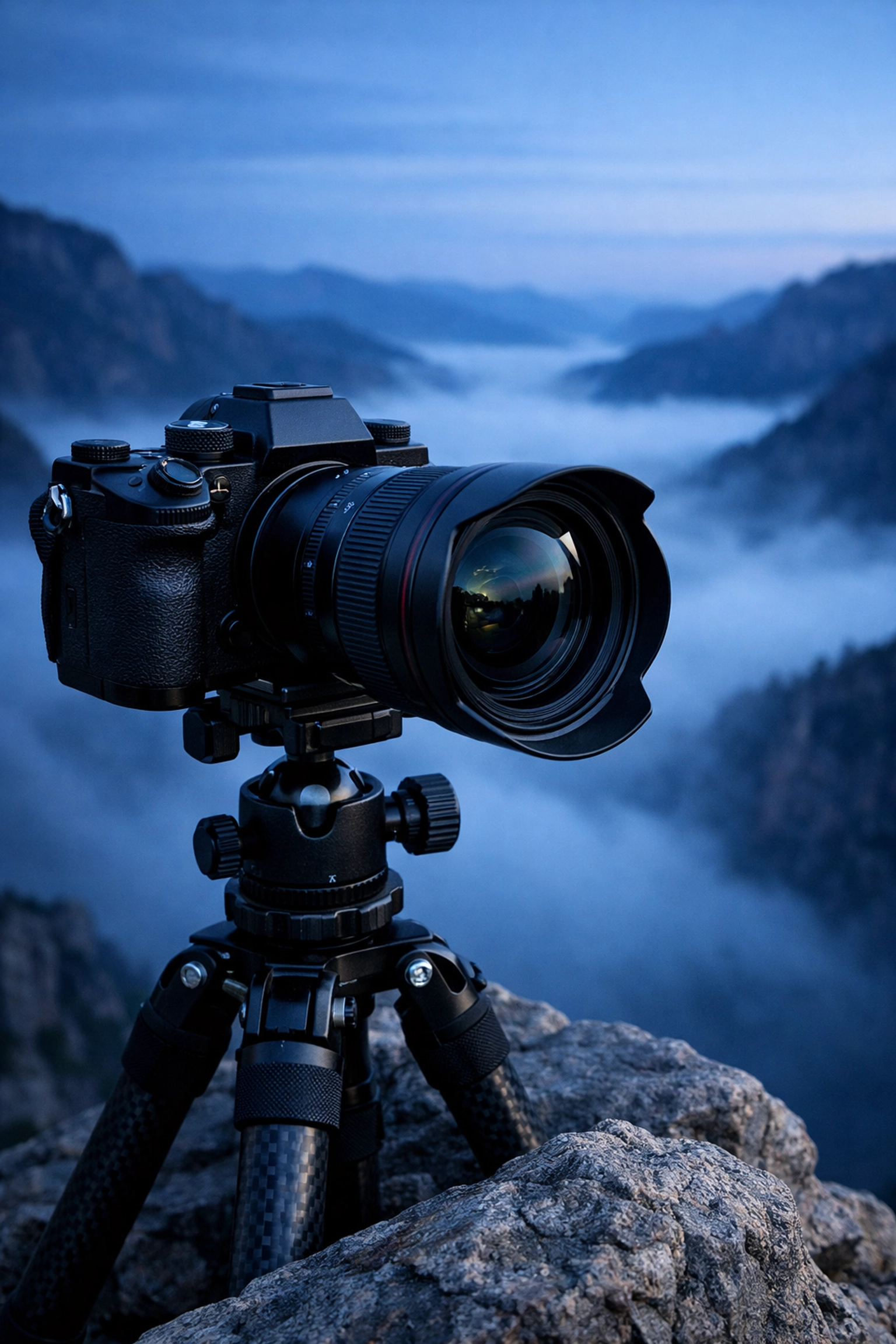 Professional mirrorless camera on a tripod at dawn, showing essential landscape photography tips for gear.