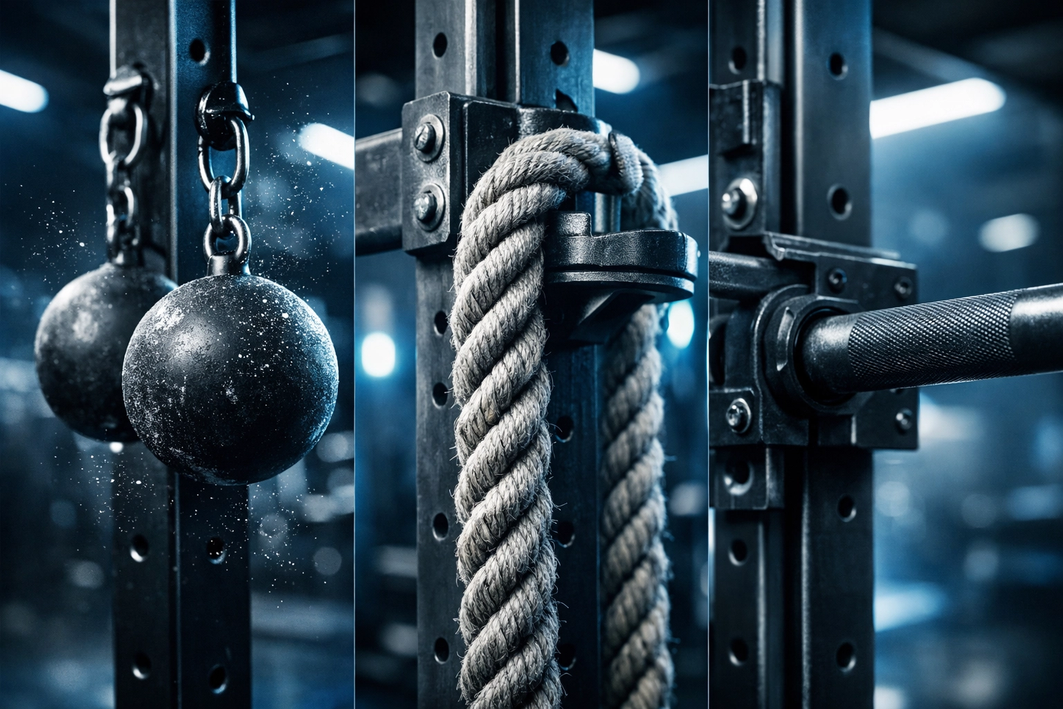 Versatile ninja warrior training equipment showing cannonball grips and climbing rope attachments.