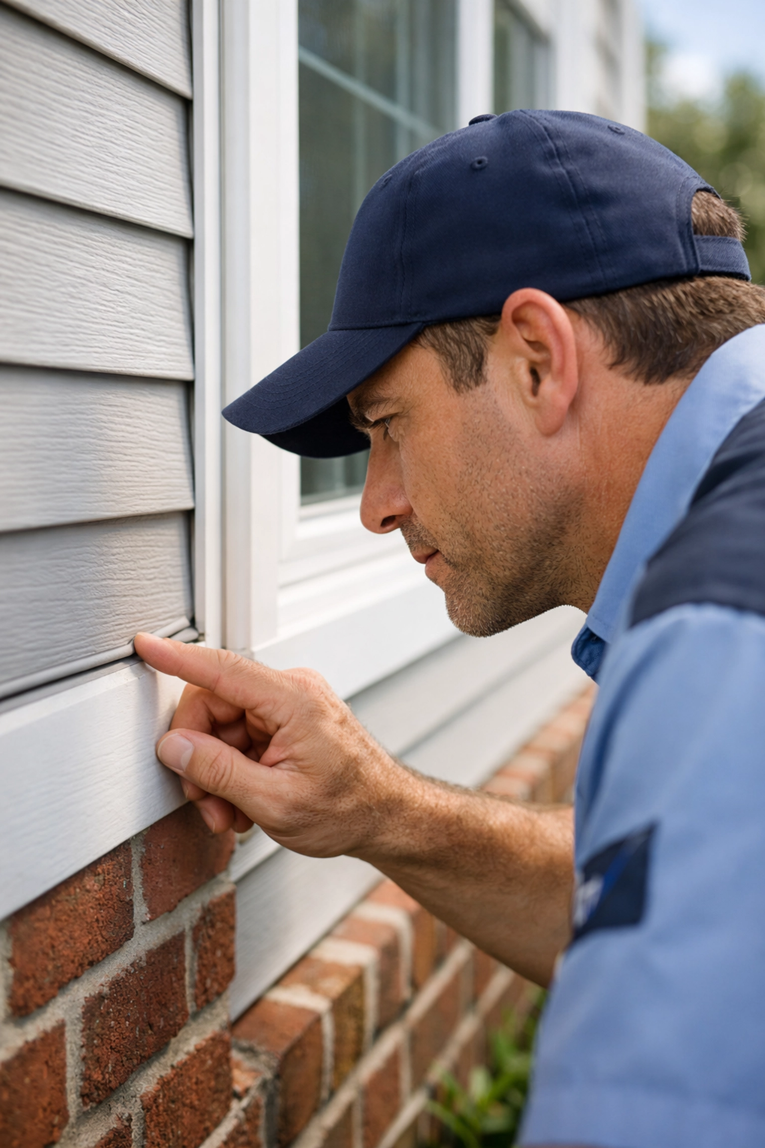 Chesapeake Hydro-Wash technician inspecting window seals on vinyl siding before a professional house wash.