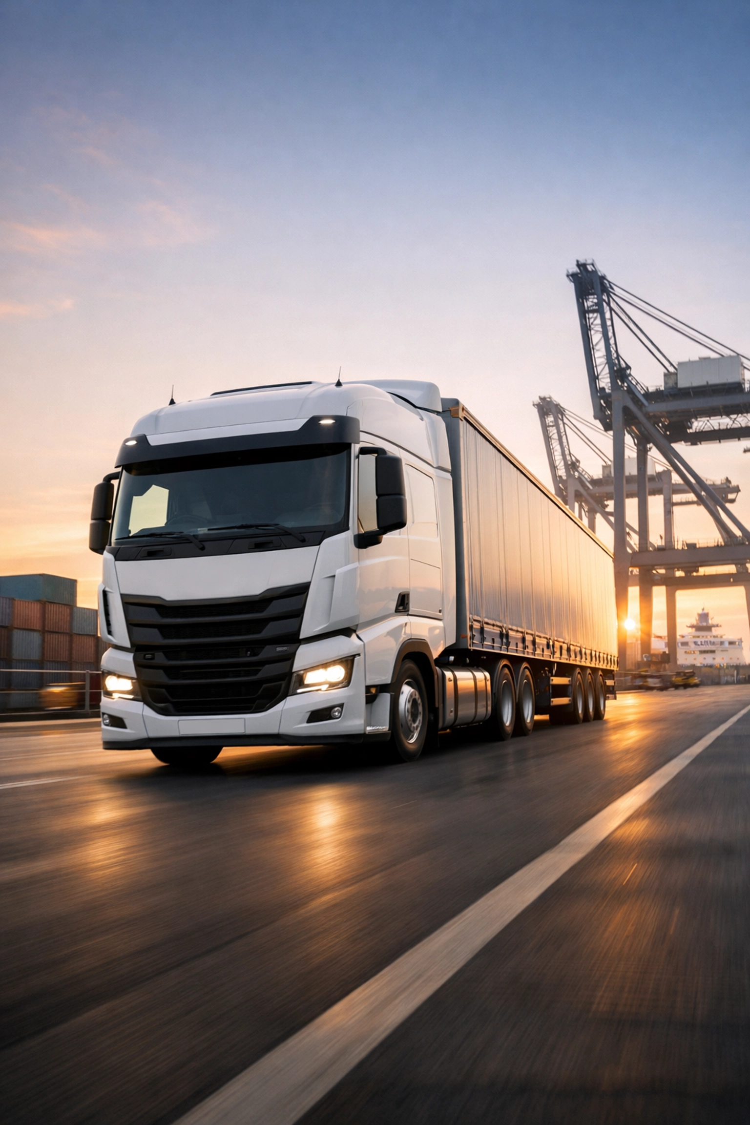 Heavy-duty freight truck at a modern UK port hub ensuring seamless post-Brexit customs declarations and shipping.