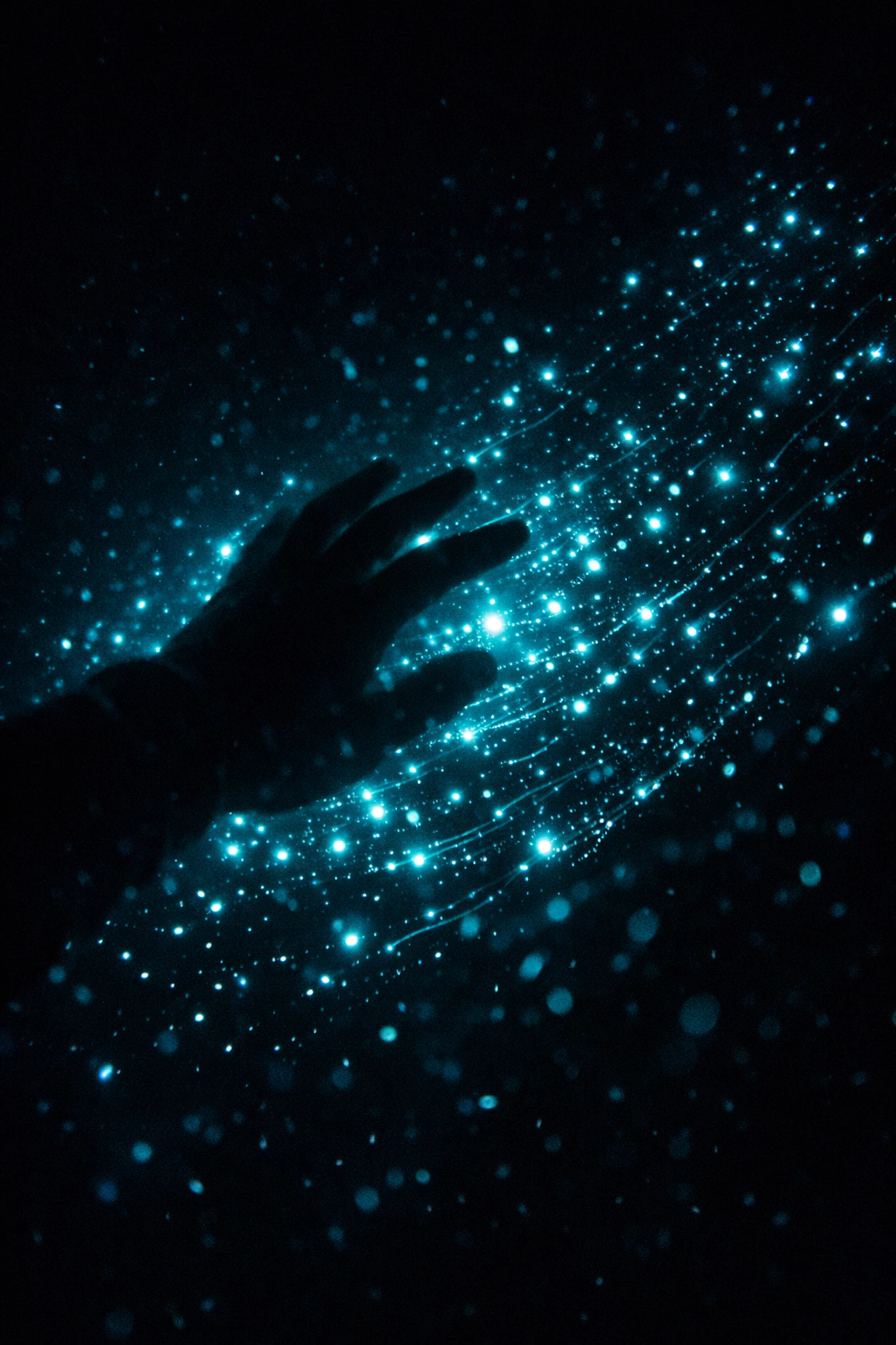 Biolumineszenz beim Nachttauchen - leuchtende Planktonpartikel um Taucherhand