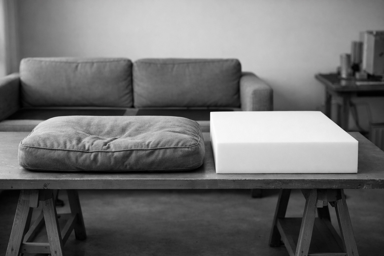 Comparing a worn, sagging sofa cushion to a new Stuff It Upholstery high-density foam insert.