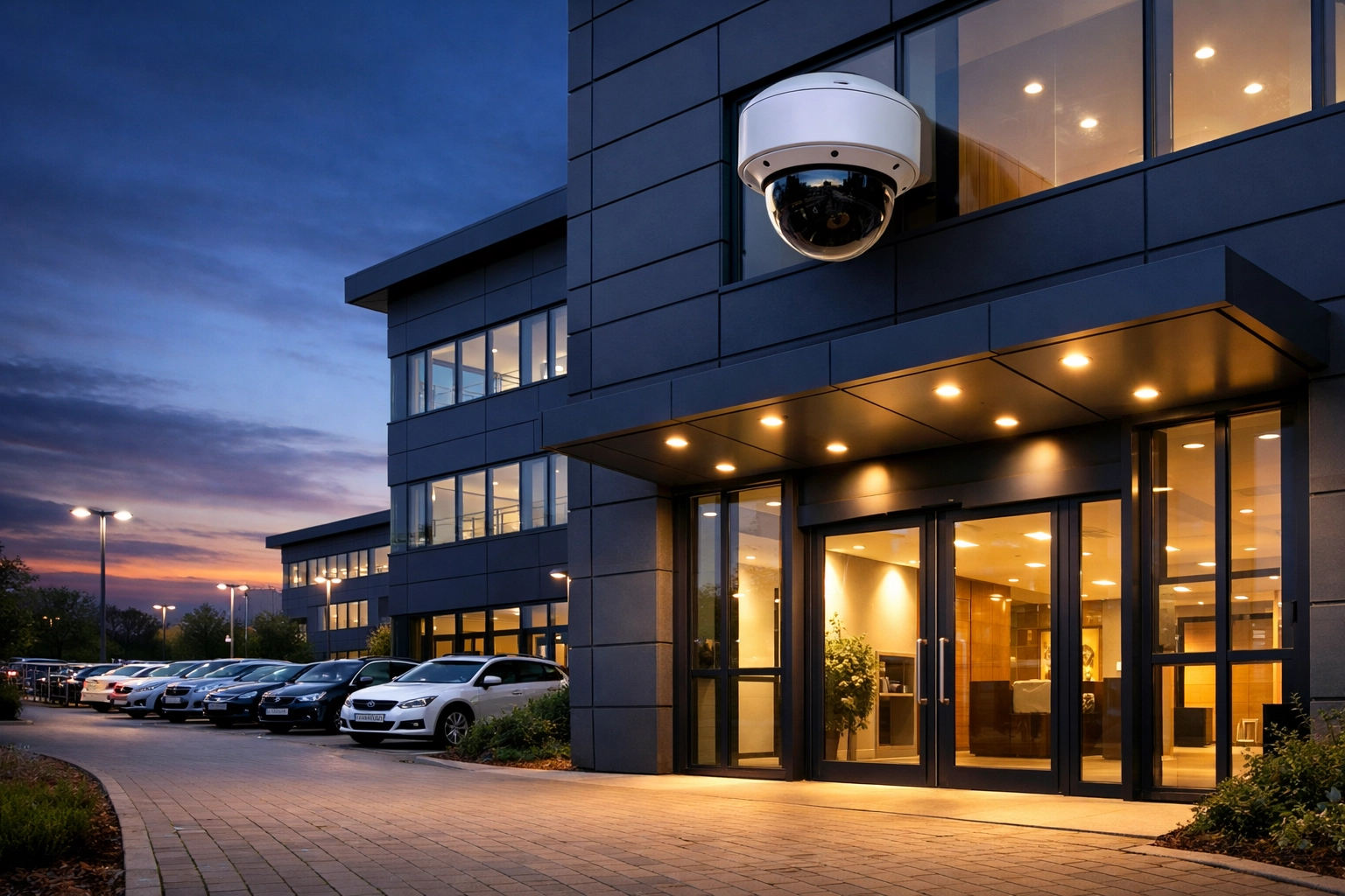 Professional CCTV dome camera protecting a modern Basingstoke business park entrance at dusk.