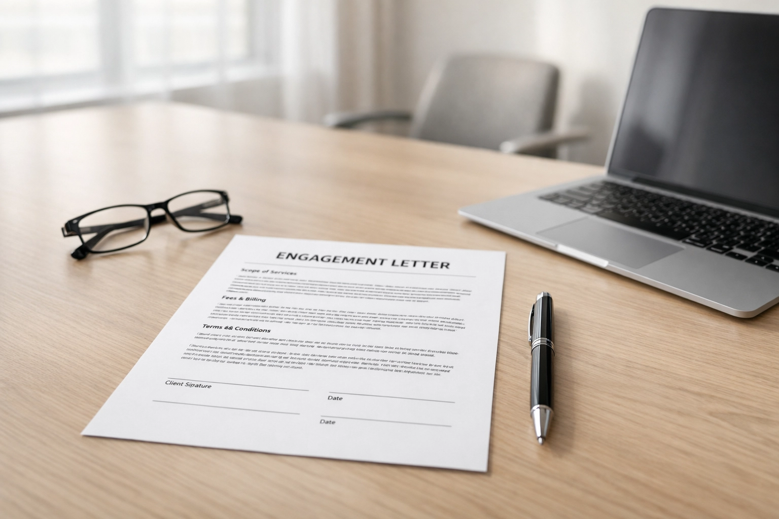 Professional engagement letter for tax preparation services and due diligence documentation