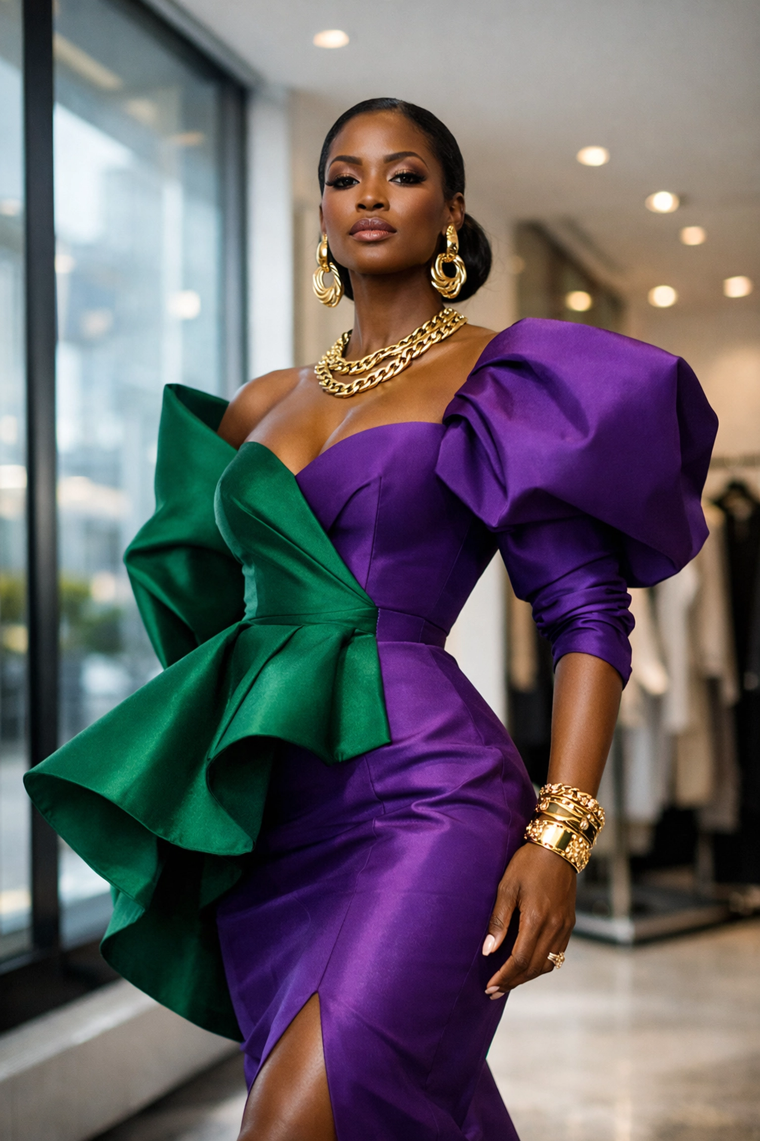 Black woman wearing designer dress from Black-owned luxury fashion brand