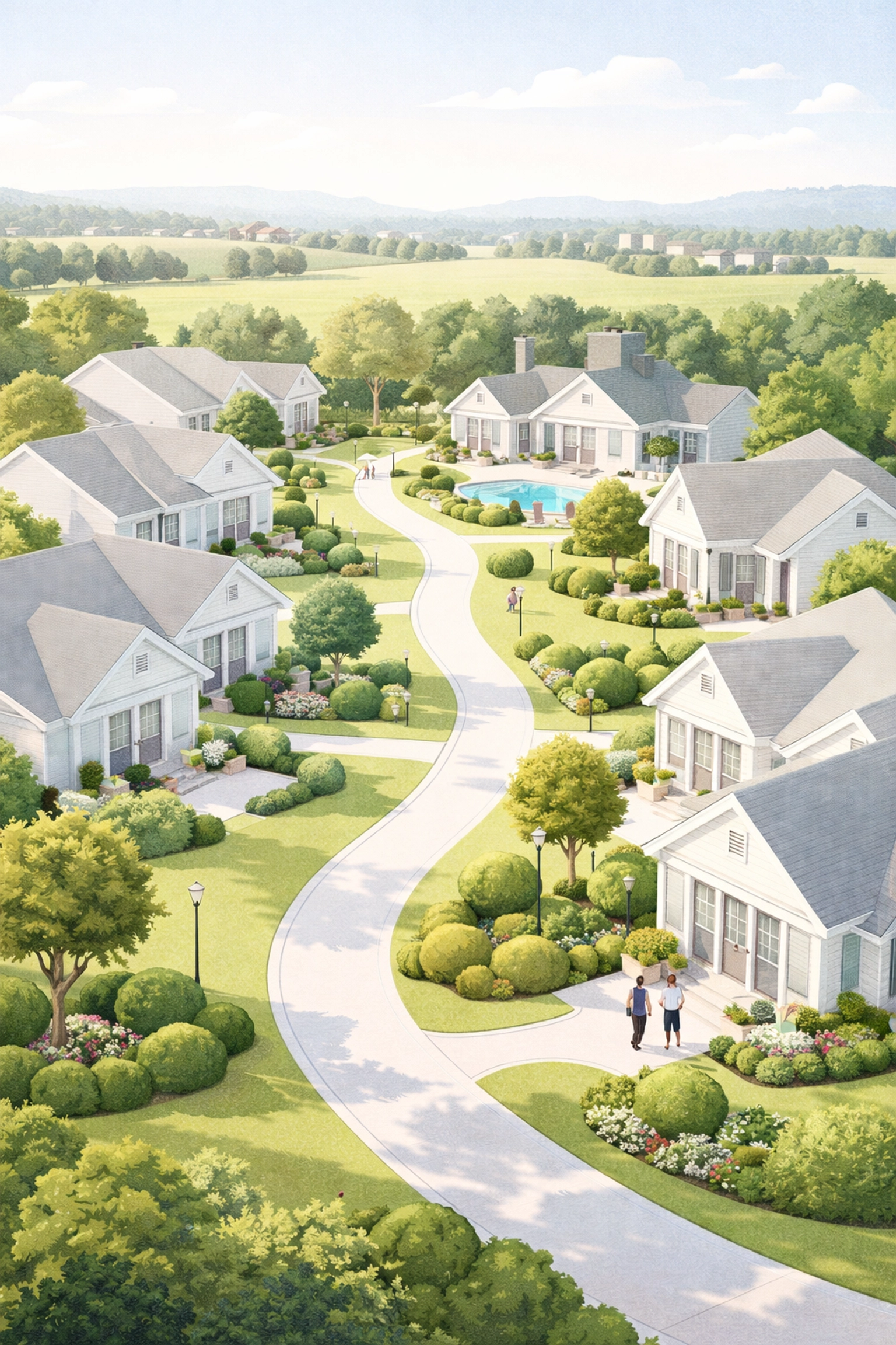 Aerial view of a maintenance-free patio home community in Lancaster County amid green lawns and farmland.