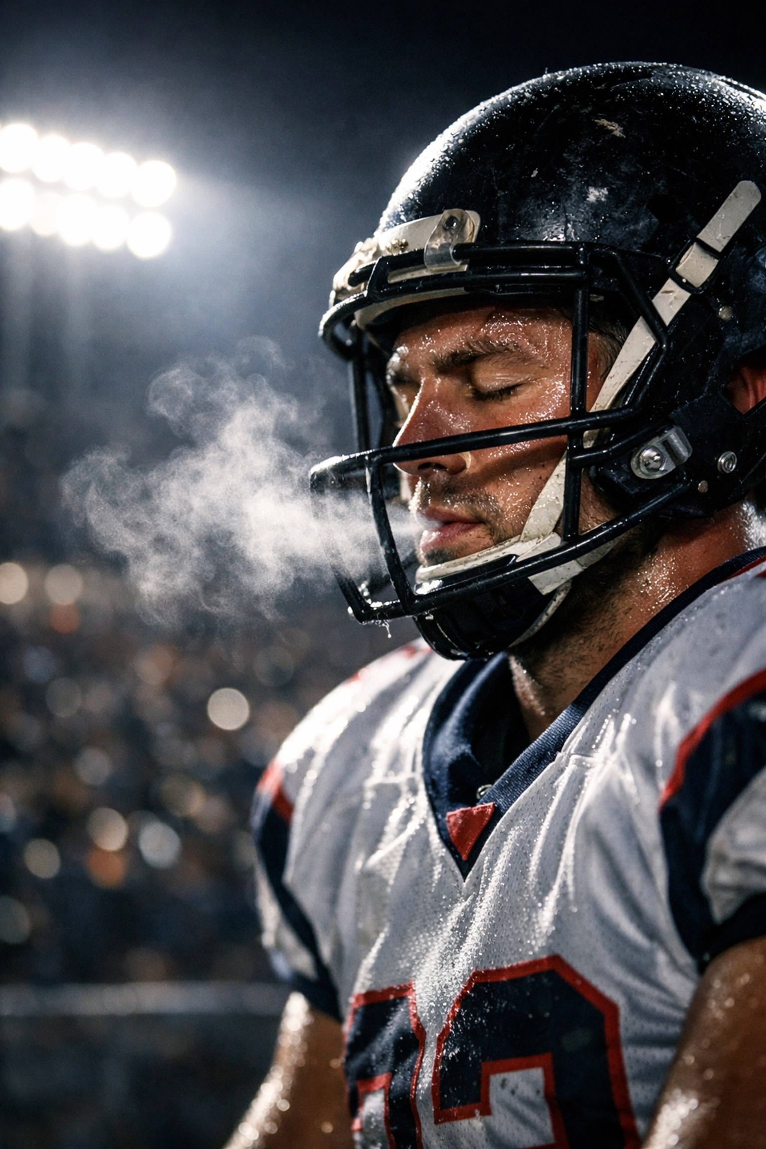 Focused football player practicing controlled breathing on a night game sideline to manage performance pressure.