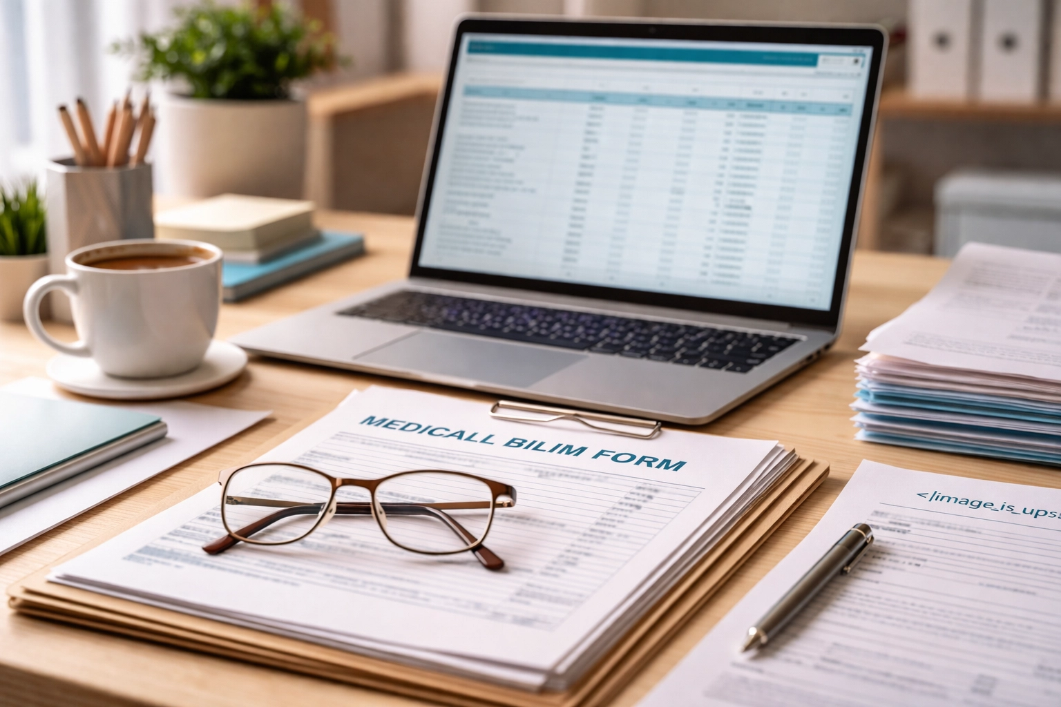 Organized medical billing workspace with therapy claim forms and CPT code reference materials