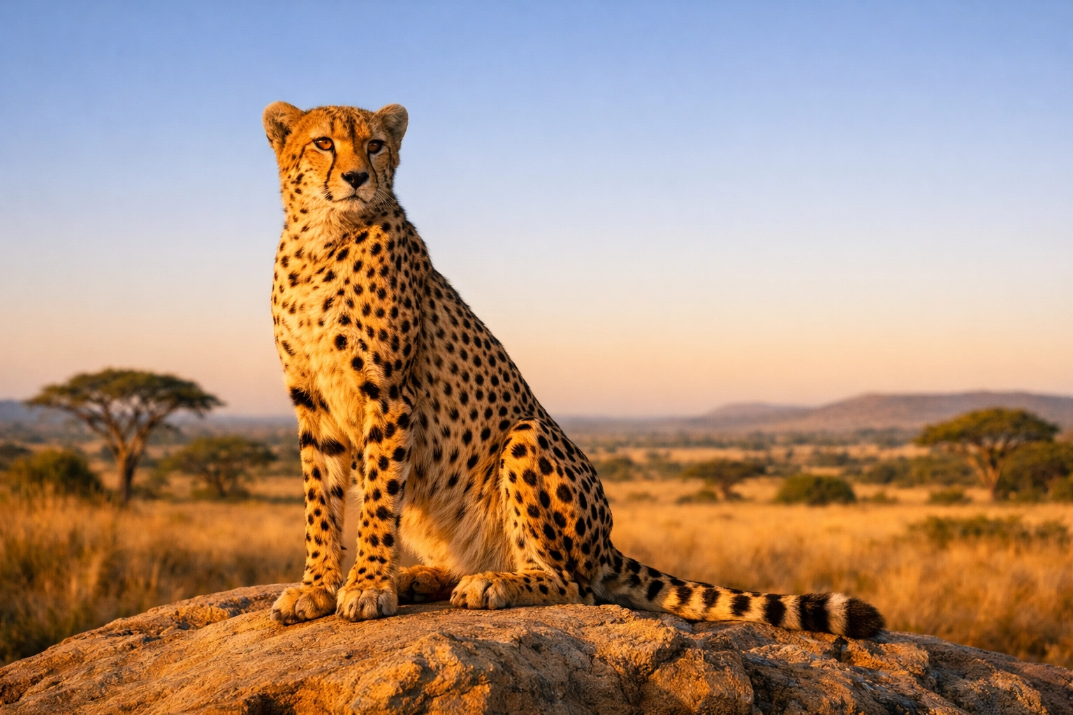 A cheetah sitting alert on a rock at sunset, illustrating the beauty and importance of wildlife conservation.