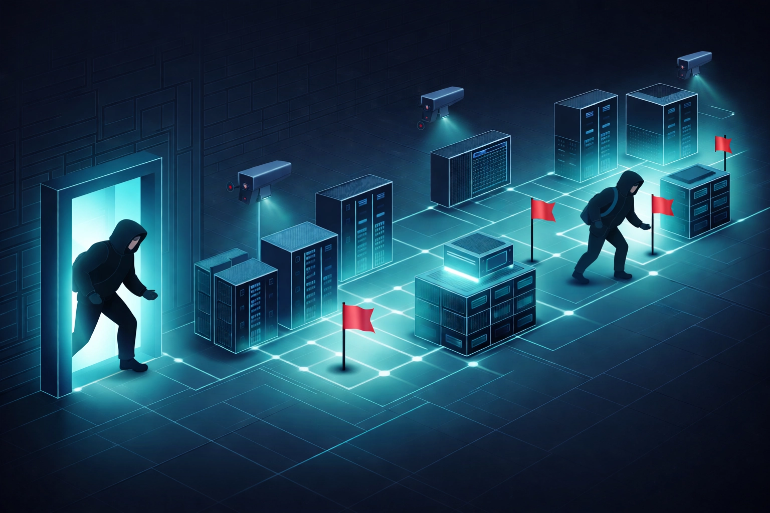 Hacker infiltrating a network undetected as security systems remain inactive, highlighting stealthy ransomware progression.