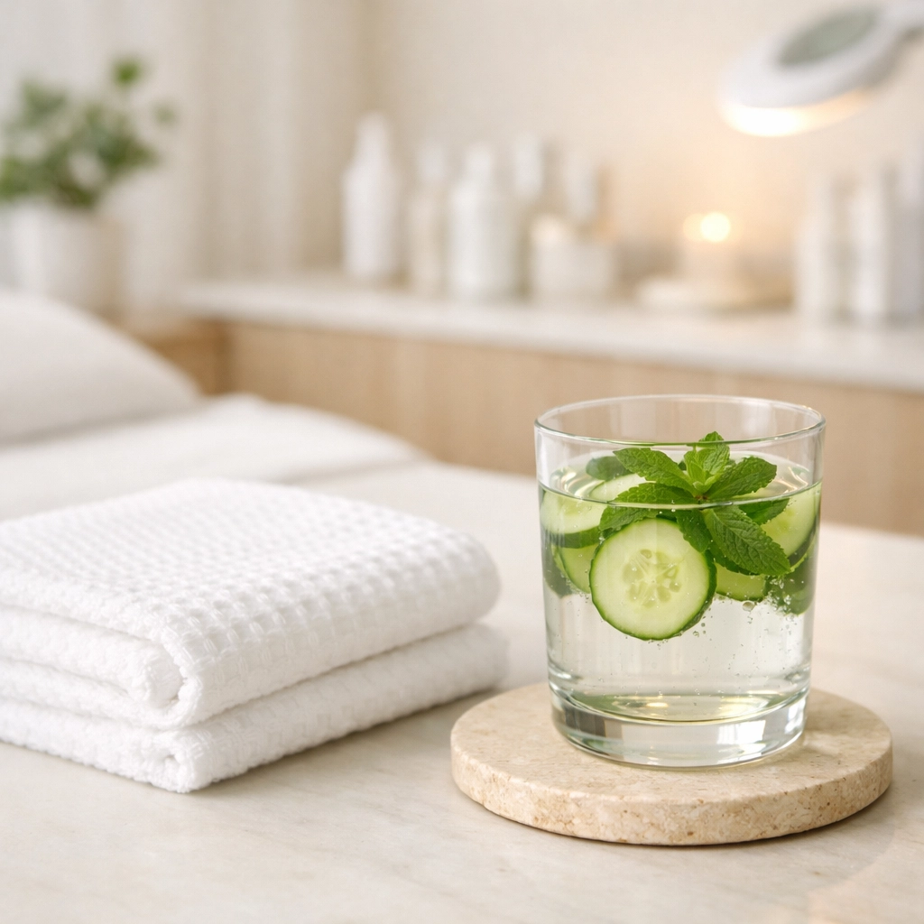 Refreshing spa water and towels at our North Idaho med spa, focusing on gut health and total wellness.