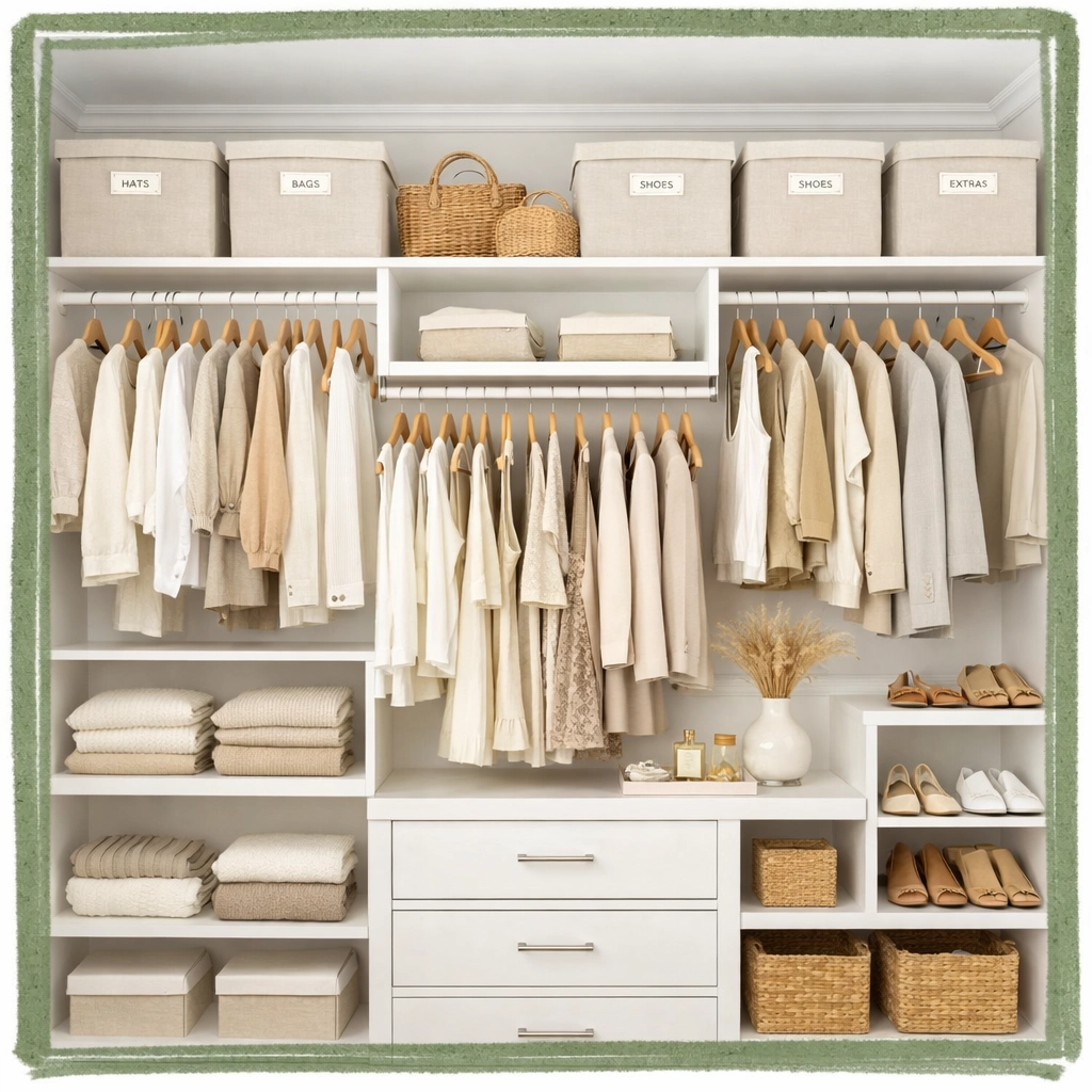 Clean, organized walk-in closet with neutral tones to showcase storage space for spring homebuyers.