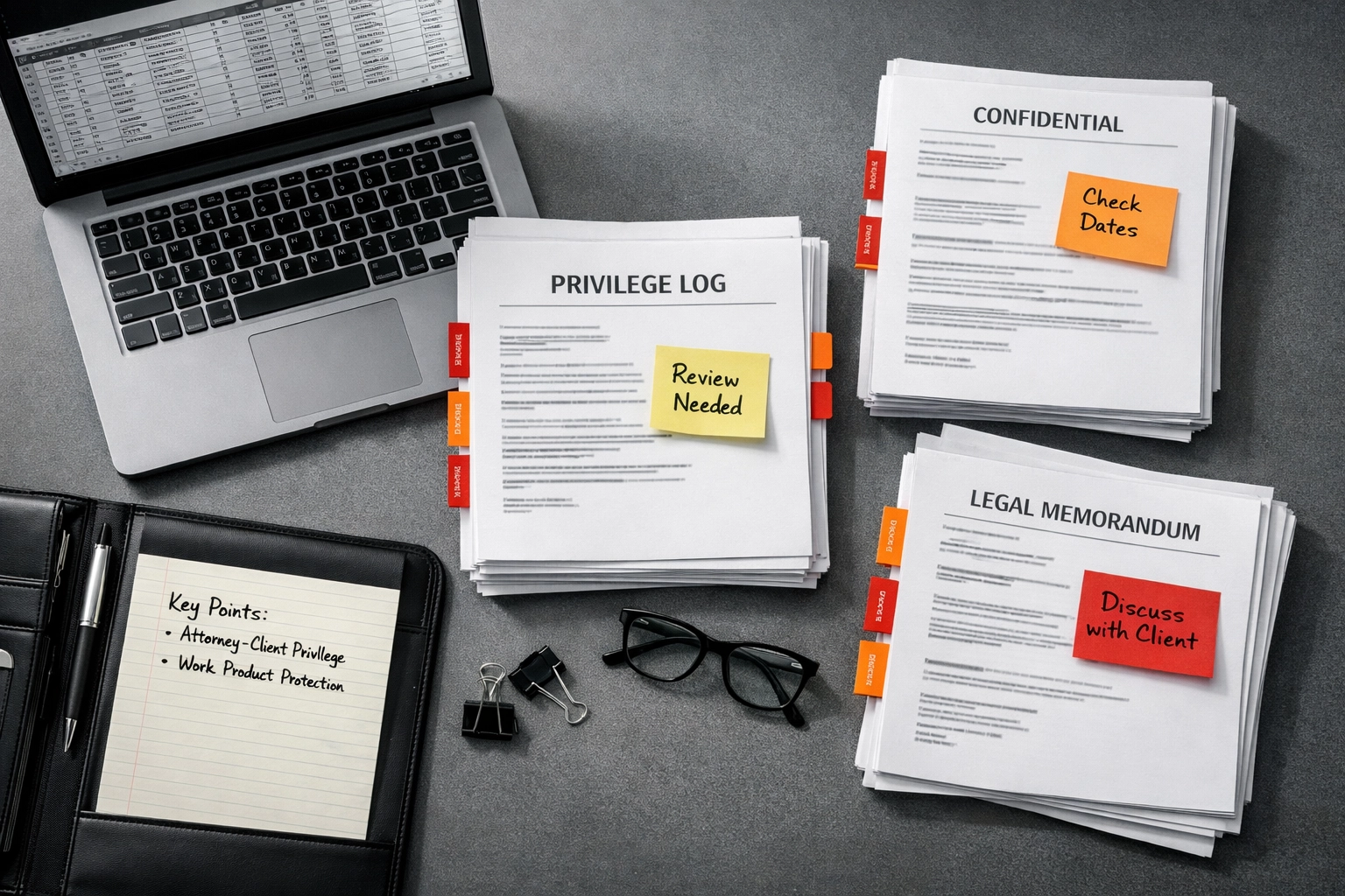 Lawyer's desk with organized privilege log documents and discovery materials
