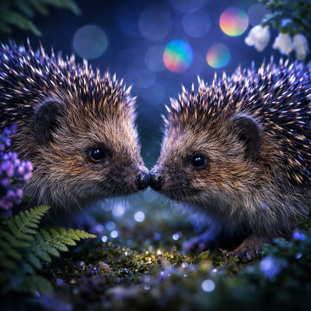 Two male hedgehogs engaged in a gentle same-sex courtship ritual in a moonlit garden.