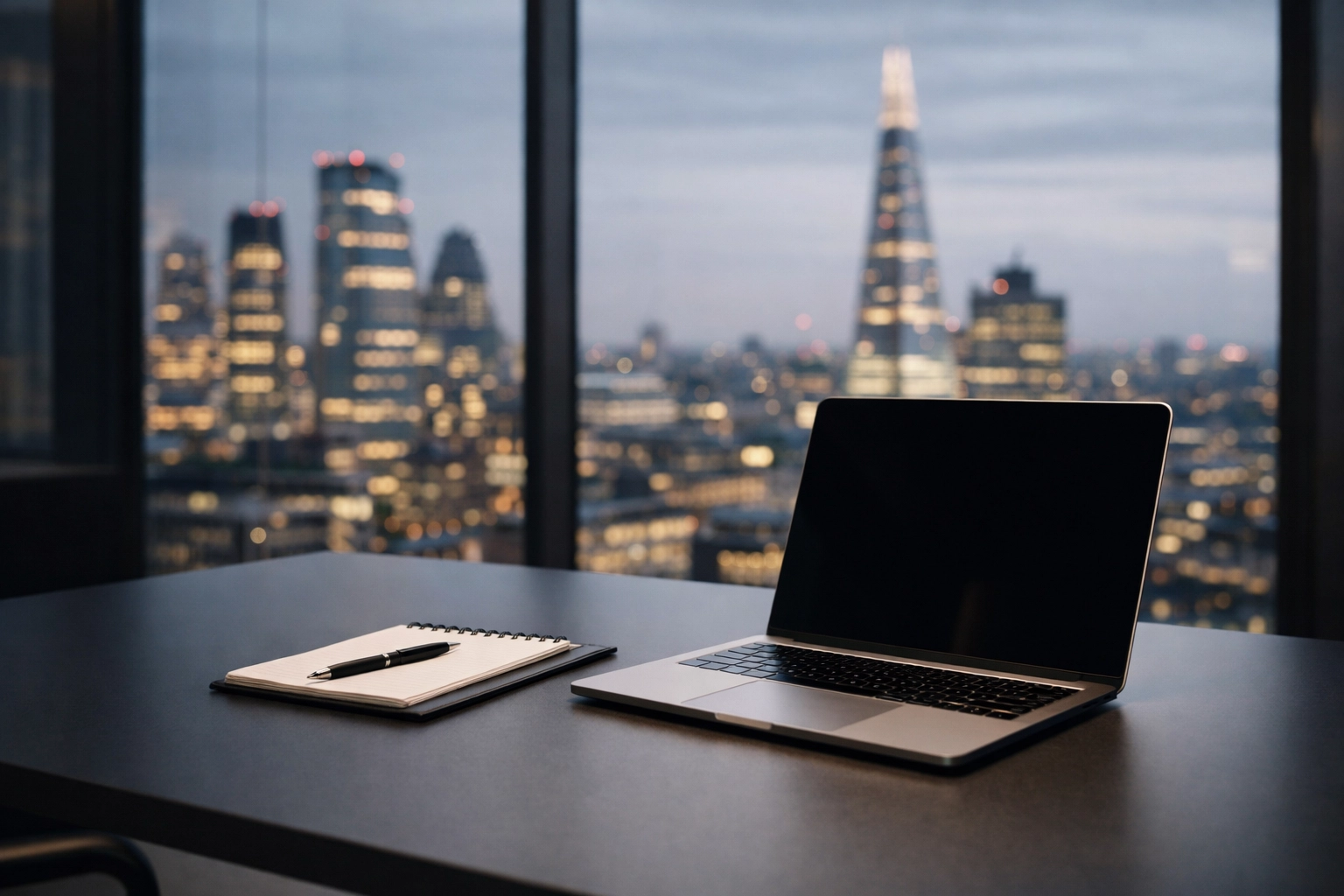 Business professionals in a London office analyzing search intent and AI marketing strategies on a tablet.