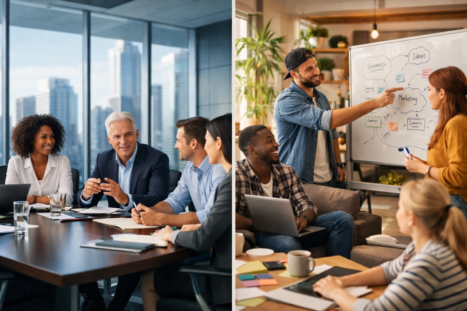 Corporate team in glass office and startup team in coworking space illustrating different AI strategies