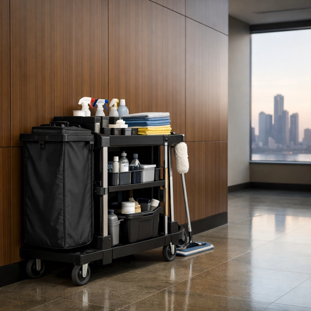 Professional janitorial cart with cleaning supplies in a modern Detroit office building hallway.