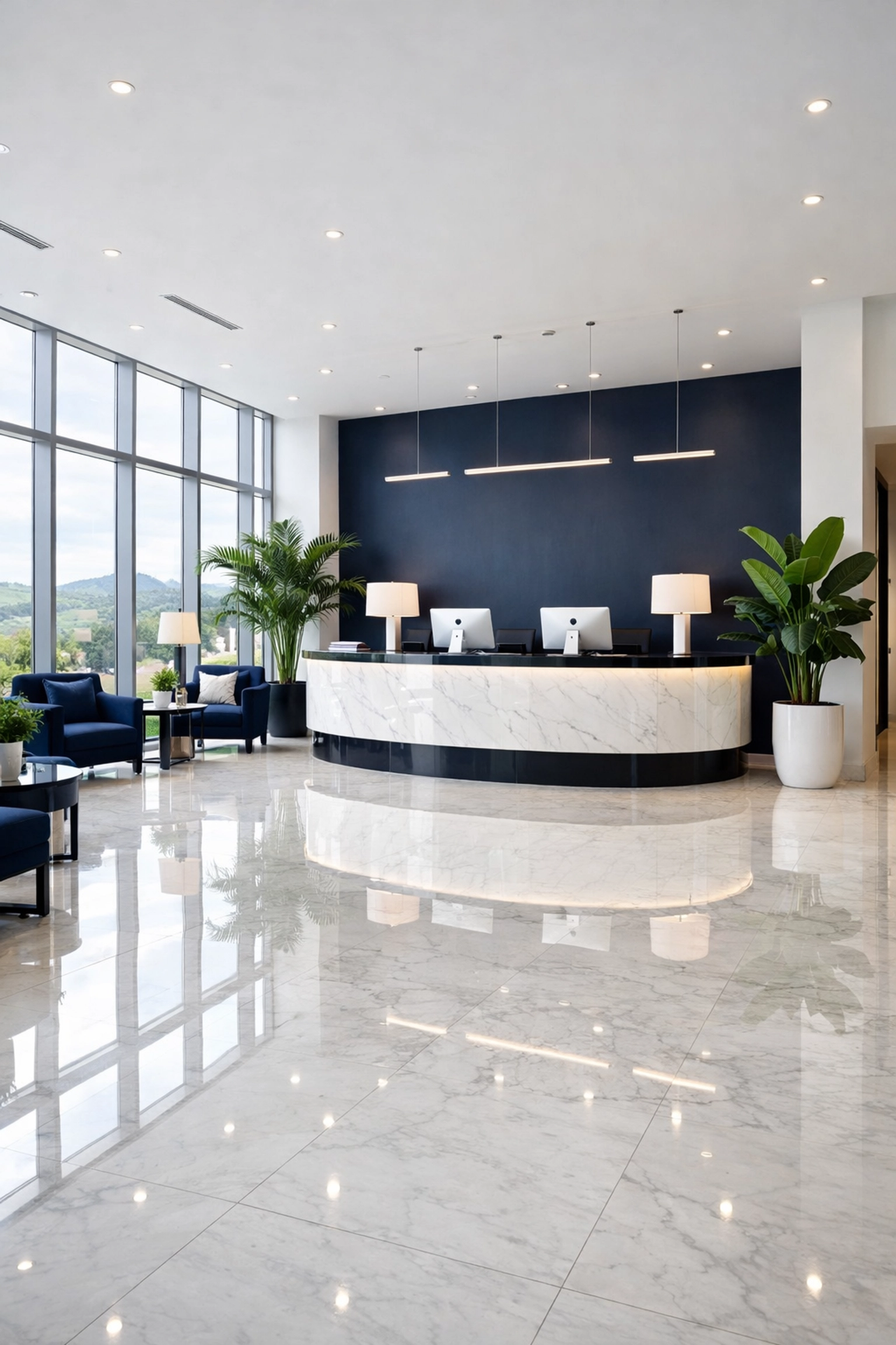 Modern hotel lobby with polished marble floors cleaned by professional commercial cleaning services.