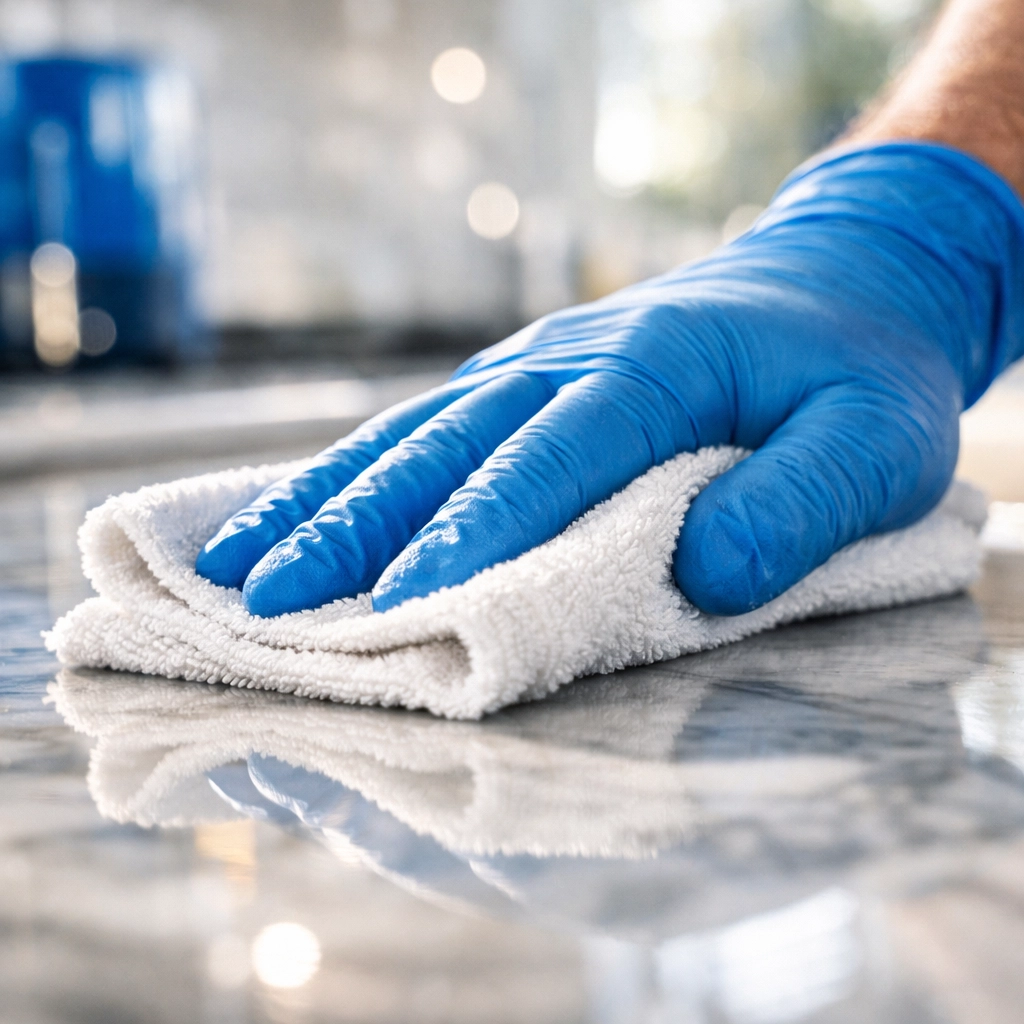 Professional hand wiping a marble kitchen counter in Falmouth, showcasing detail-oriented house cleaning.