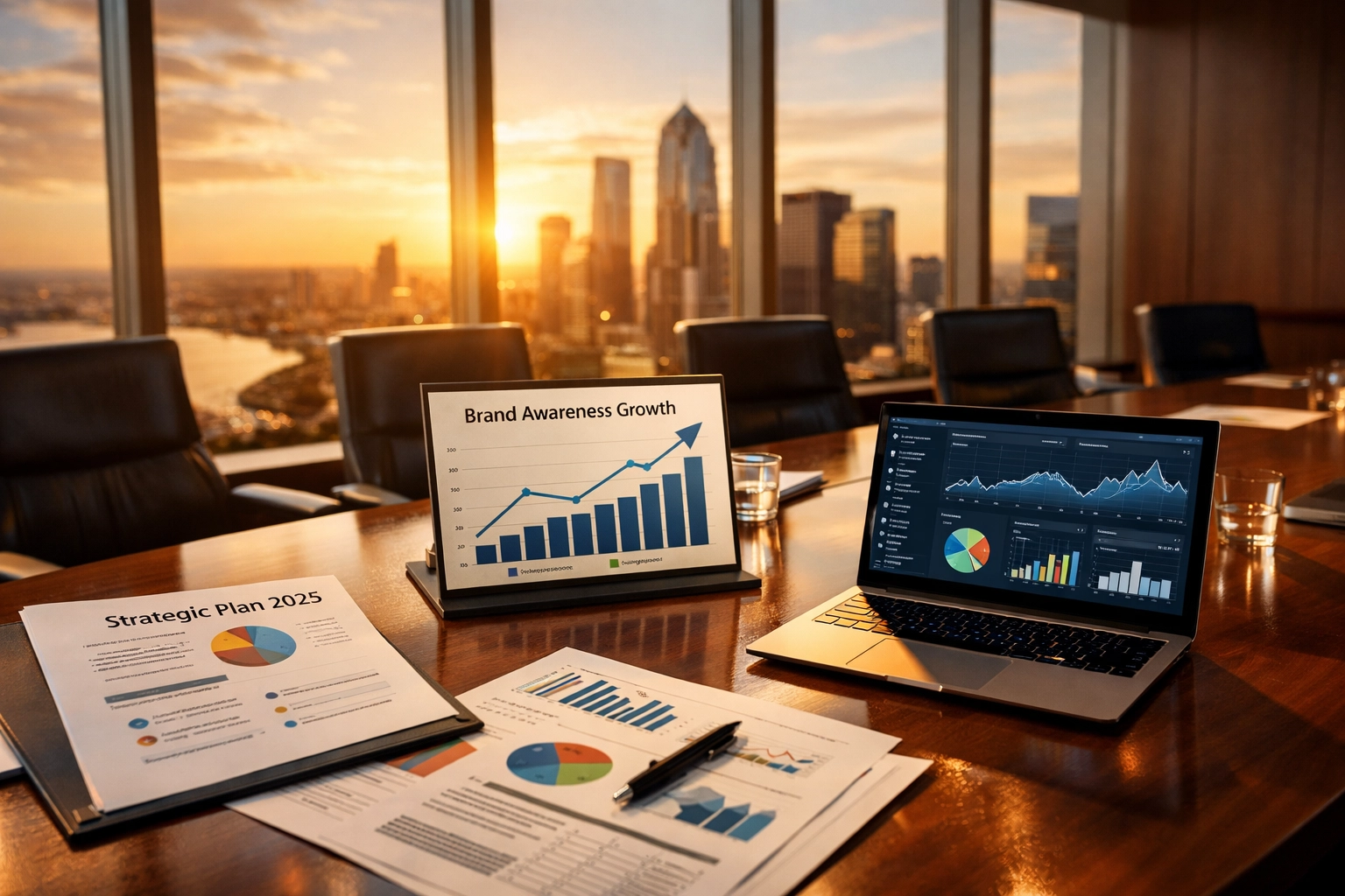 Corporate boardroom with brand awareness growth charts for Super Bowl marketing strategy