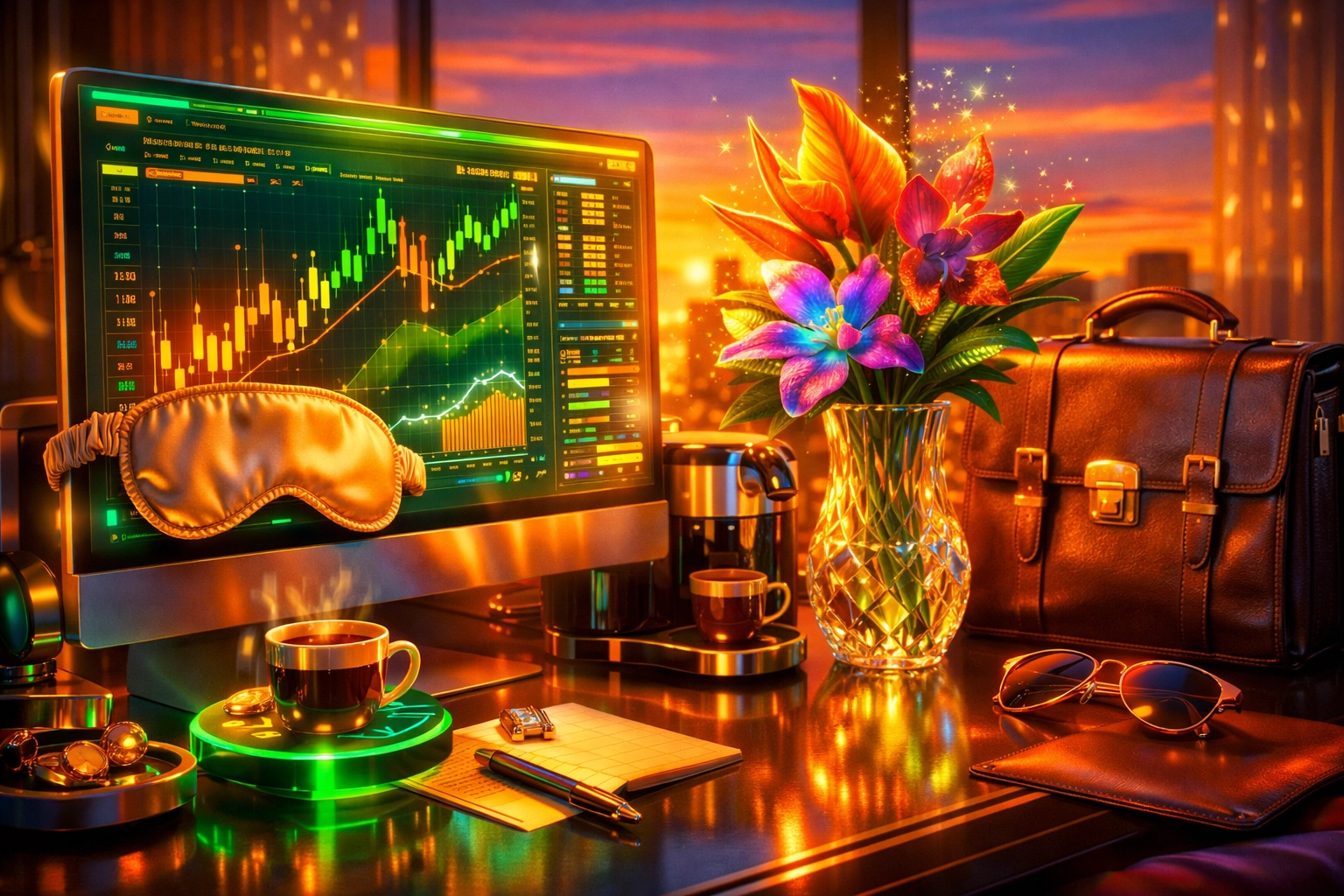 Office desk with a sleep mask and flowers showing the mix of professional life and dating at work.