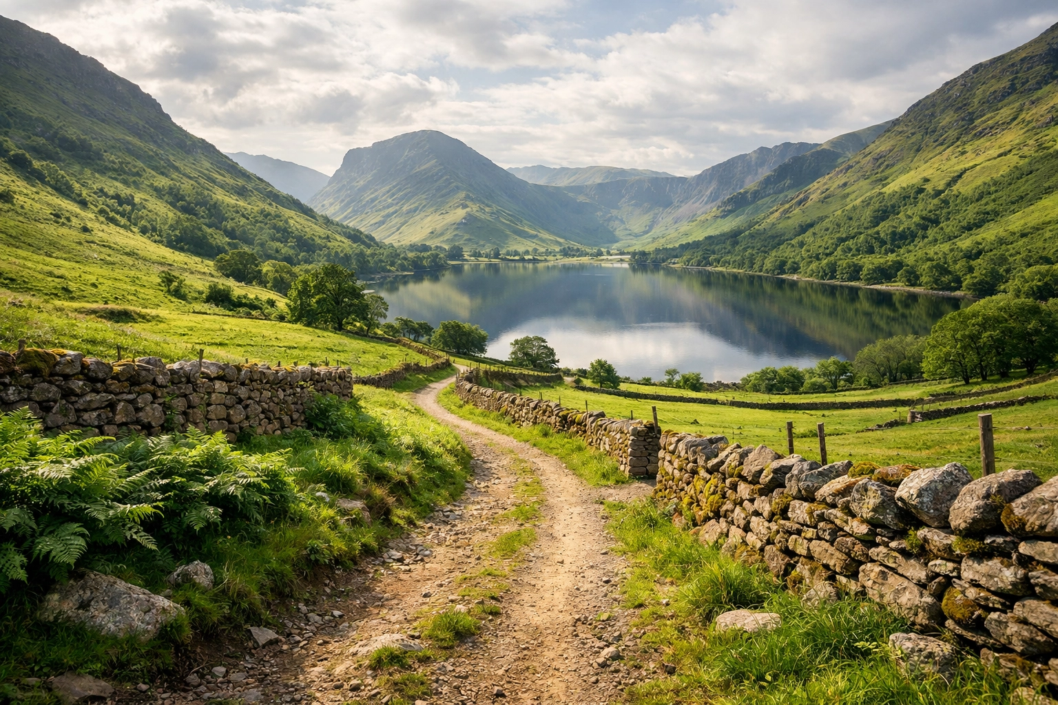Winding hiking path through a lush green valley in the Lake District National Park.
