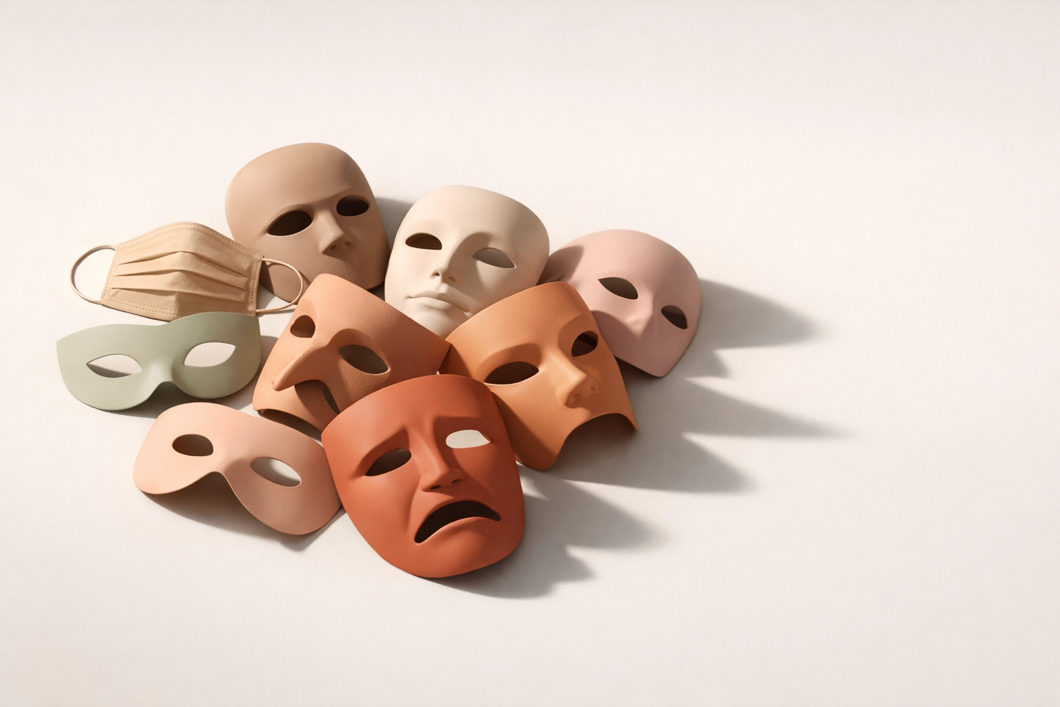Scattered masks representing discarded personas and letting go of false identities