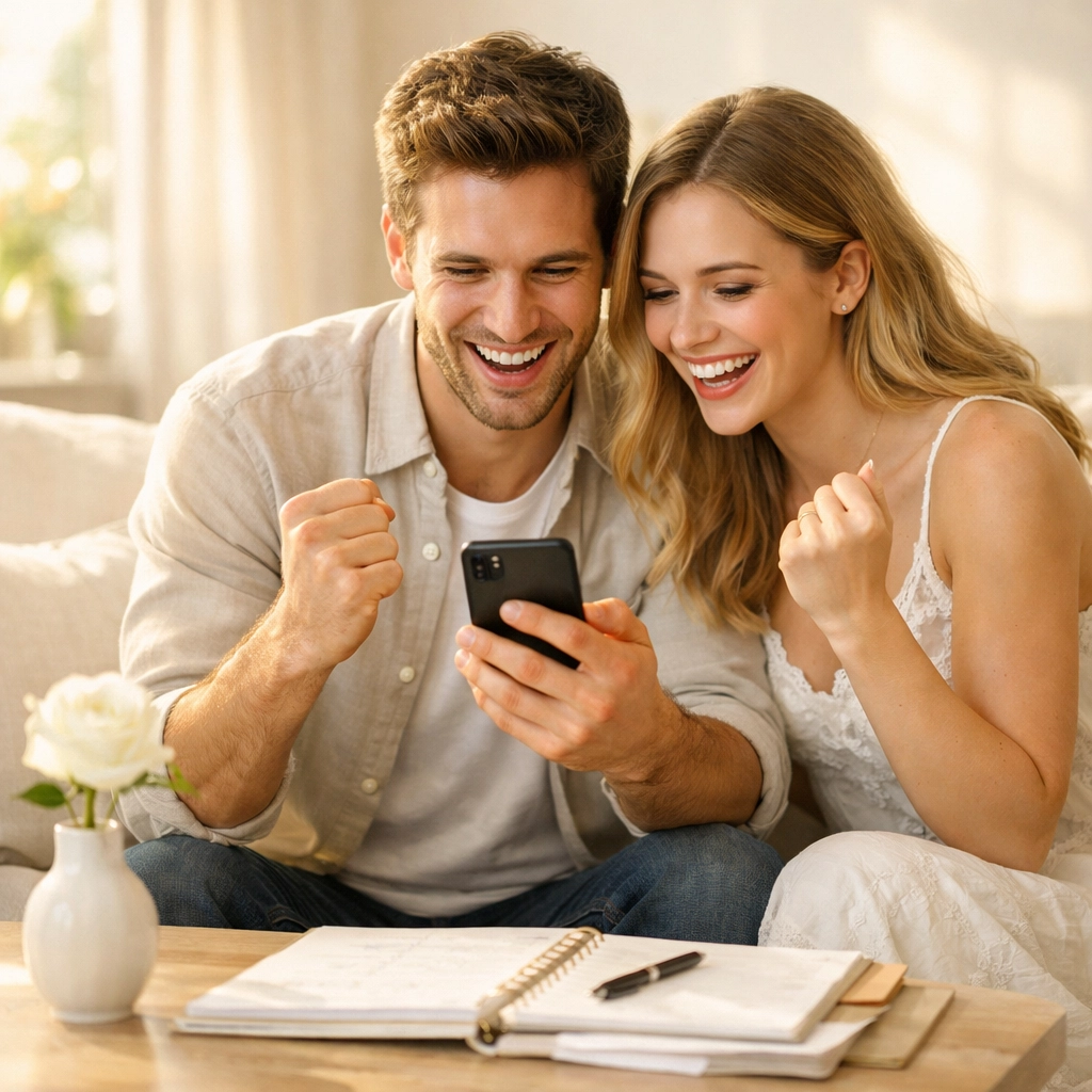 Engaged couple using digital RSVP tools on a smartphone to avoid wedding debt and plan their fund.