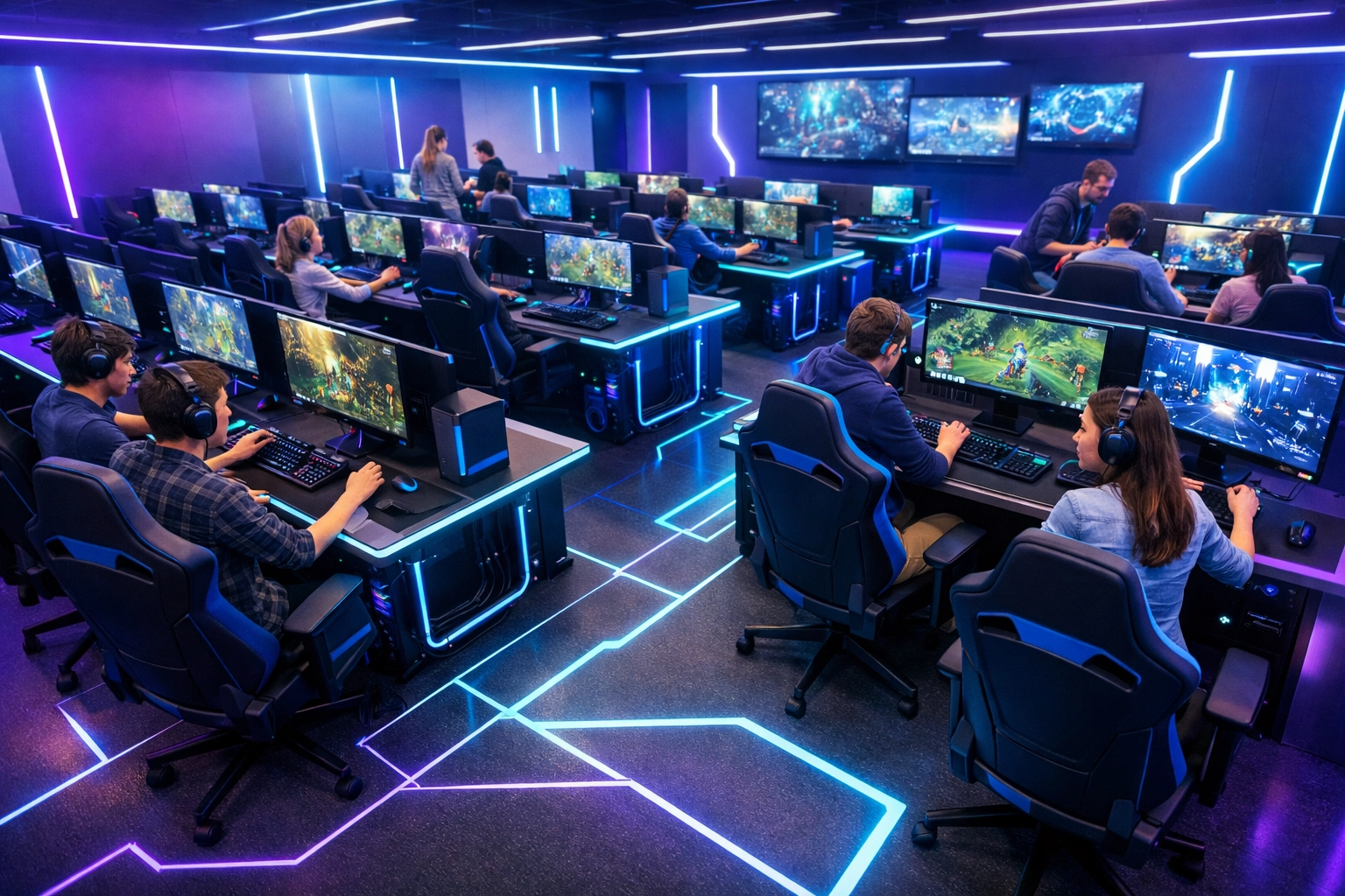 Modern high school esports lab with gaming stations and student collaboration