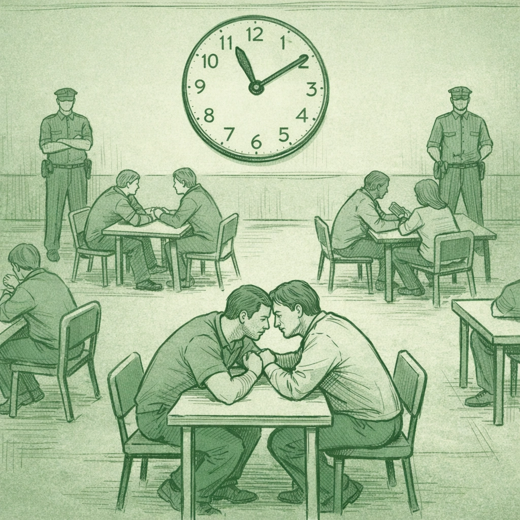 Prison visiting room with gay couple in intimate conversation under guard surveillance and time pressure