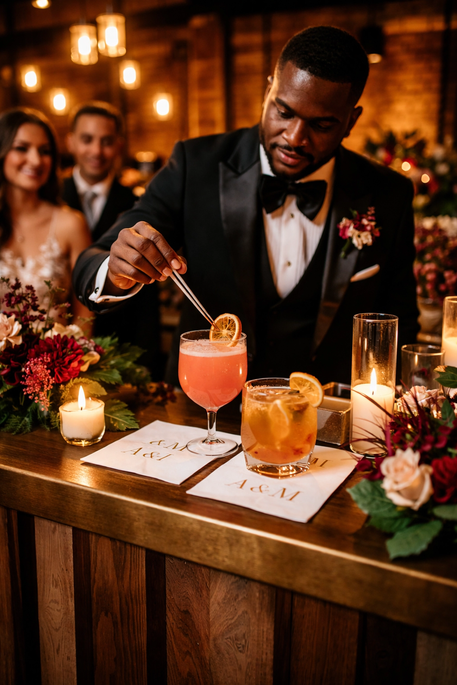 Signature cocktail prepared by bartender at elegant wedding bar in Chicago, guests enjoying upscale venue
