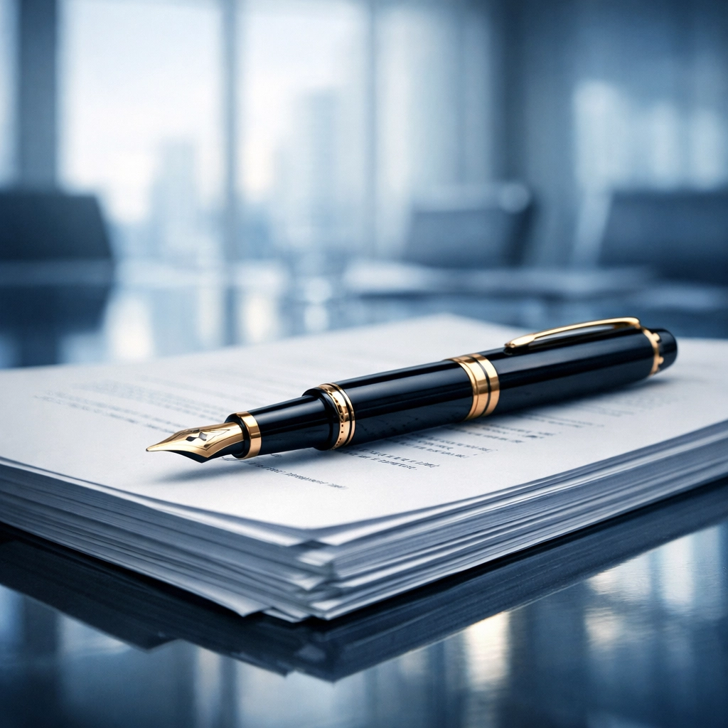 Close-up of a fountain pen on legal documents for a Mississippi business purchase agreement.