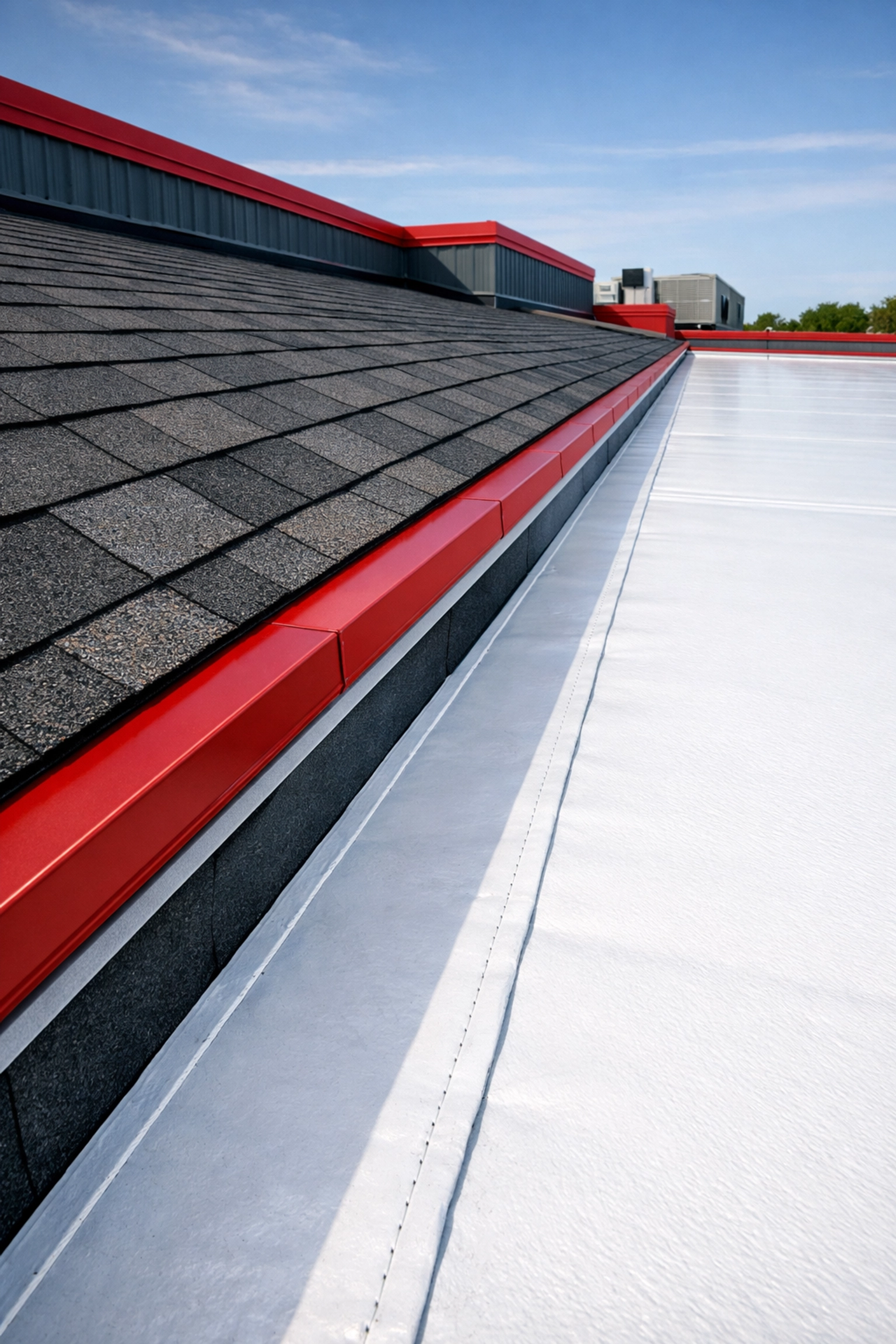 High-quality transition between shingle and white membrane roofing on a Salisbury commercial property.