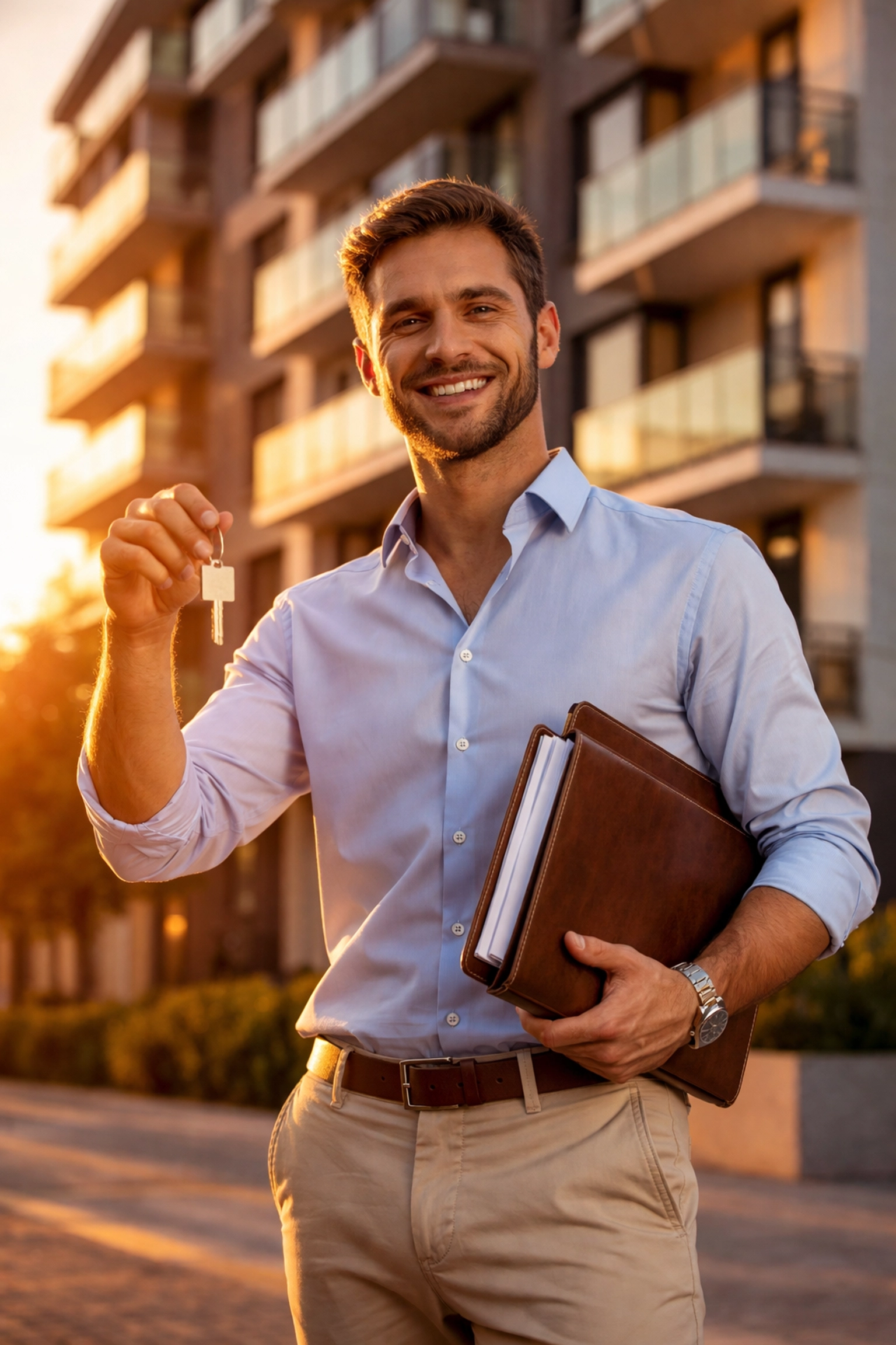 Real estate investor holding keys and documents in front of apartment building, symbolizing successful 1031 exchange and tax deferral strategies.
