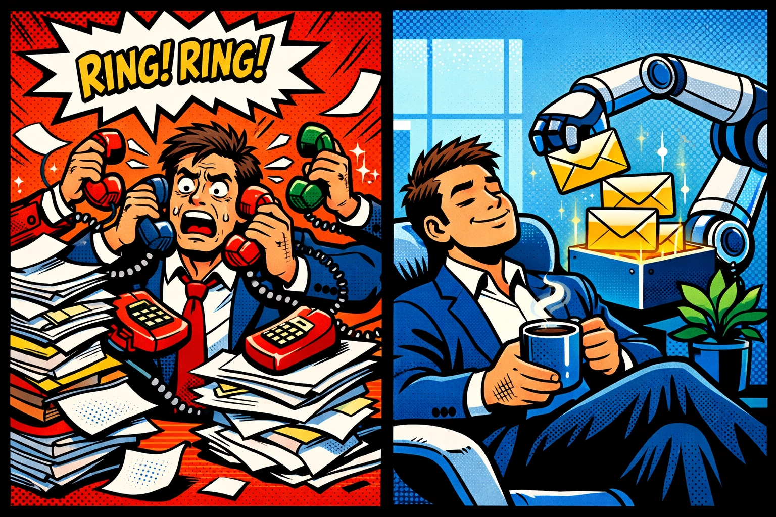 Illustration of workflow automation for small business replacing manual office stress with calm efficiency.