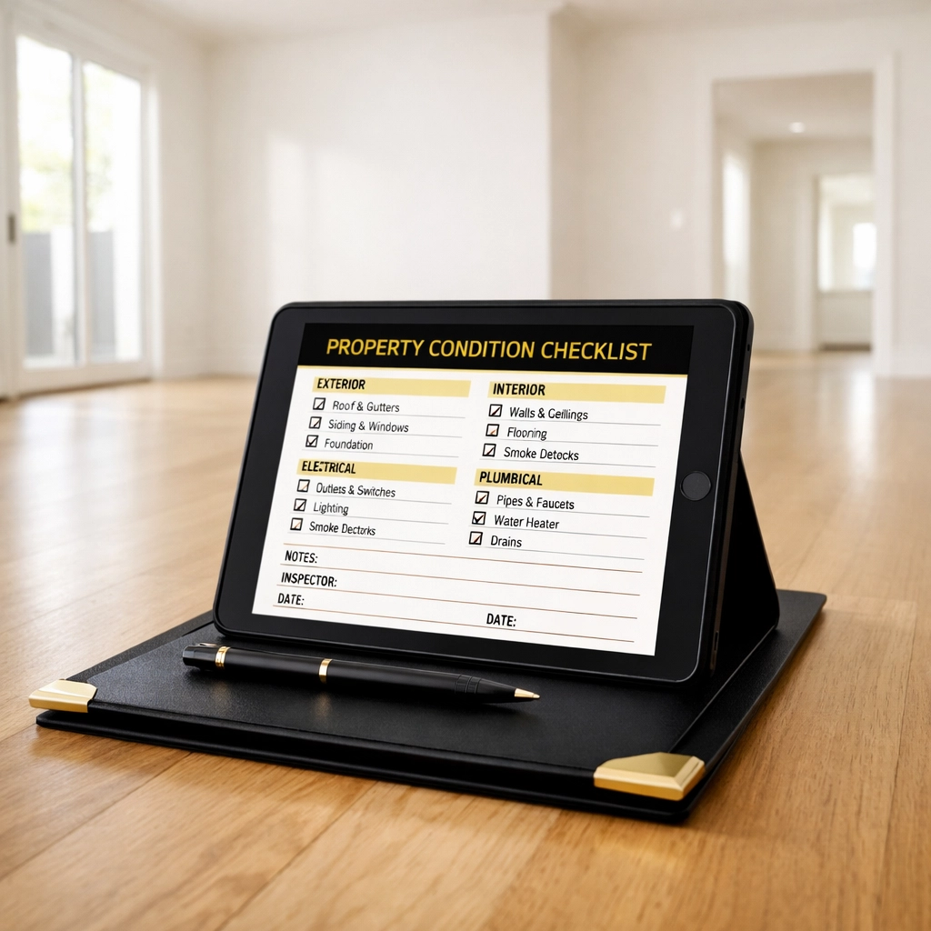 Professional property inventory inspection with digital checklist in empty rental property