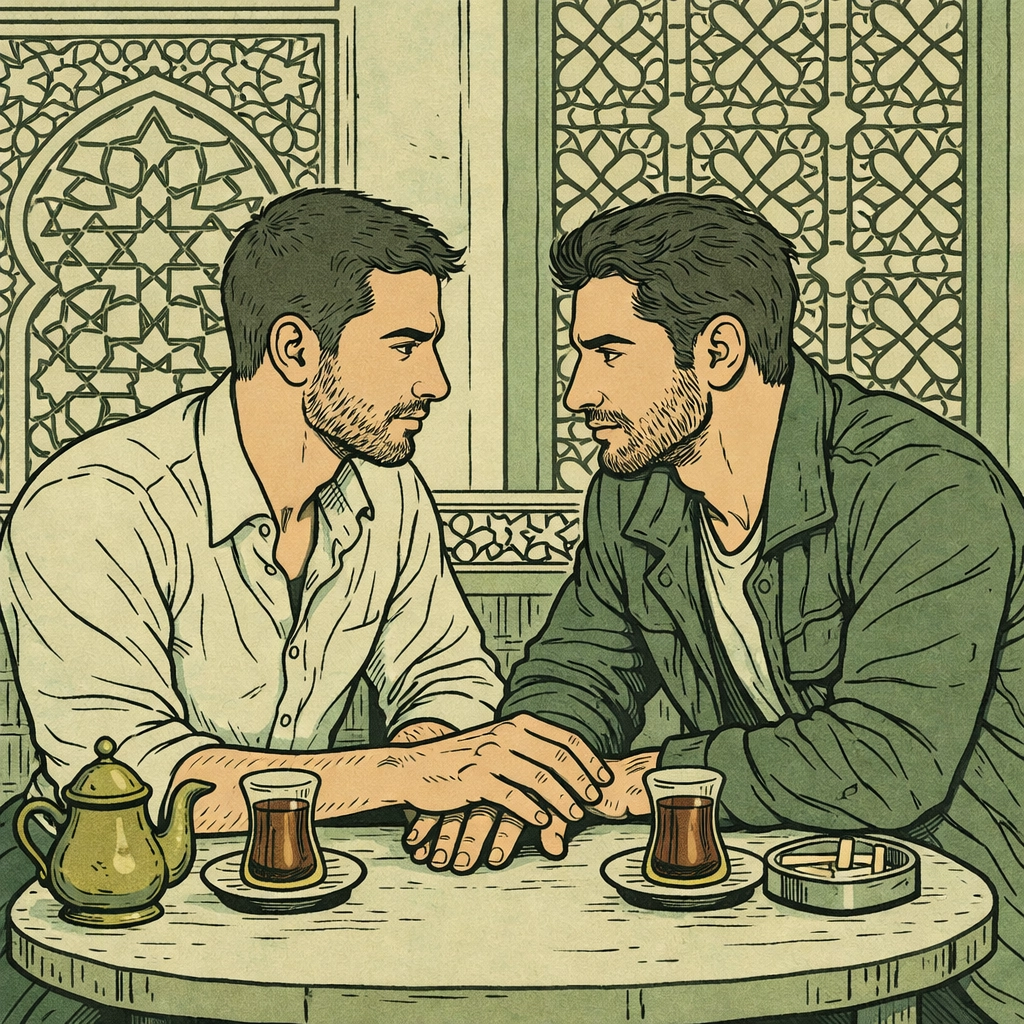 Step-brothers in Cairo café scene from gay romance exploring forbidden love and tradition