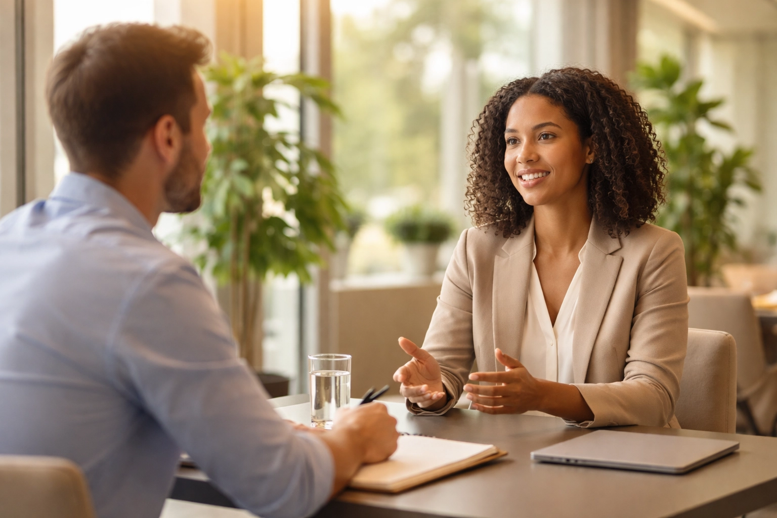 Two professionals engage in a friendly job interview, highlighting LGBTQ workplace inclusivity and open dialogue.