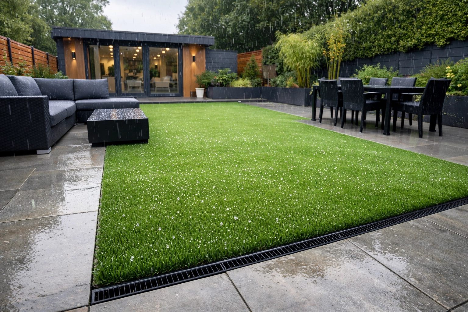 Low-maintenance artificial lawn in Cardiff showing efficient drainage during a light rain shower.