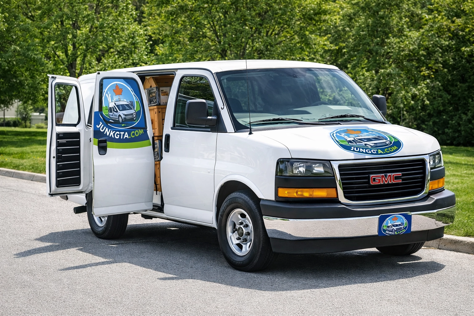 Office Decommissioning Richmond Hill: Sustainable Business Liquidation Branded junk removal cargo van with Toronto skyline