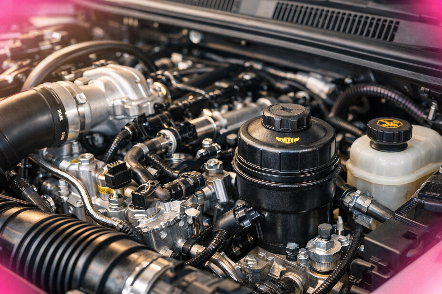 Clean light-duty diesel engine bay showing the oil filter housing for work truck maintenance in Cottonwood.
