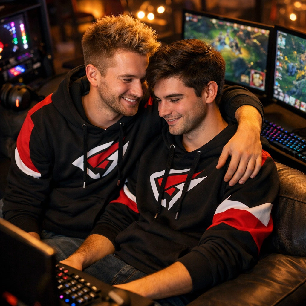 Gay male gaming teammates showing support and teamwork in esports